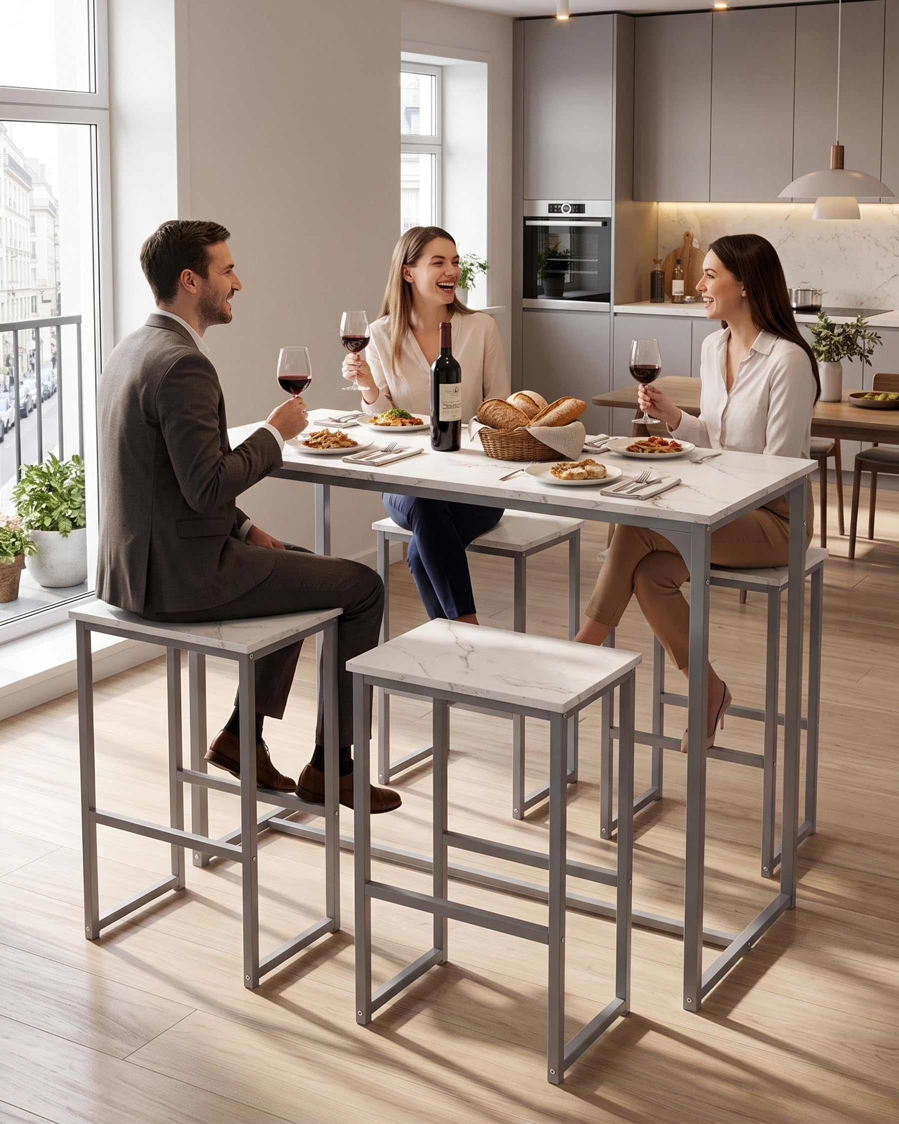 Tavolo Cucina Salvaspazio con Sedie, Tavolo Bar Alto con Sgabelli, Elegante semplicità in marmo bianco e cornice in argento, Ideale per ristoranti, bar, caffè, ecc.