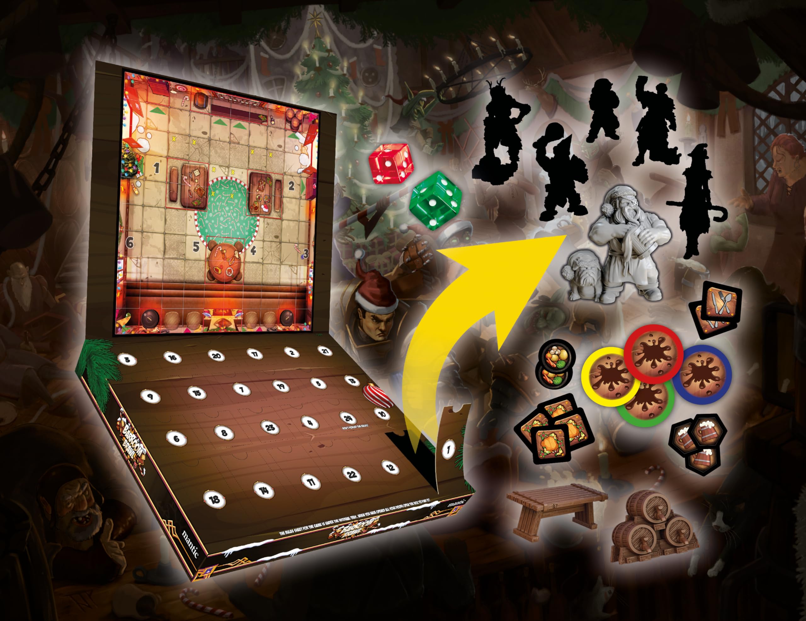 mantic | Barroom Brawl: Advent Calendar | 24-Day Build-to-Play Miniatures Game | Includes Characters, Terrain, Dice & Tokens | Fun Christmas Tabletop Game for 1–4 Players