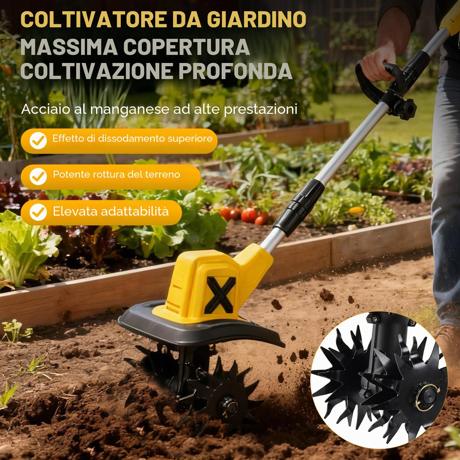 Motozappa a Batteria 21V: Zappatrice Elettrica Cordless 360 RPM con 2 Batterie 4.0Ah e Caricabatterie, Larghezza 23cm e Profondità 17cm, Fresa per Orto, Giardino e Terreni Induriti