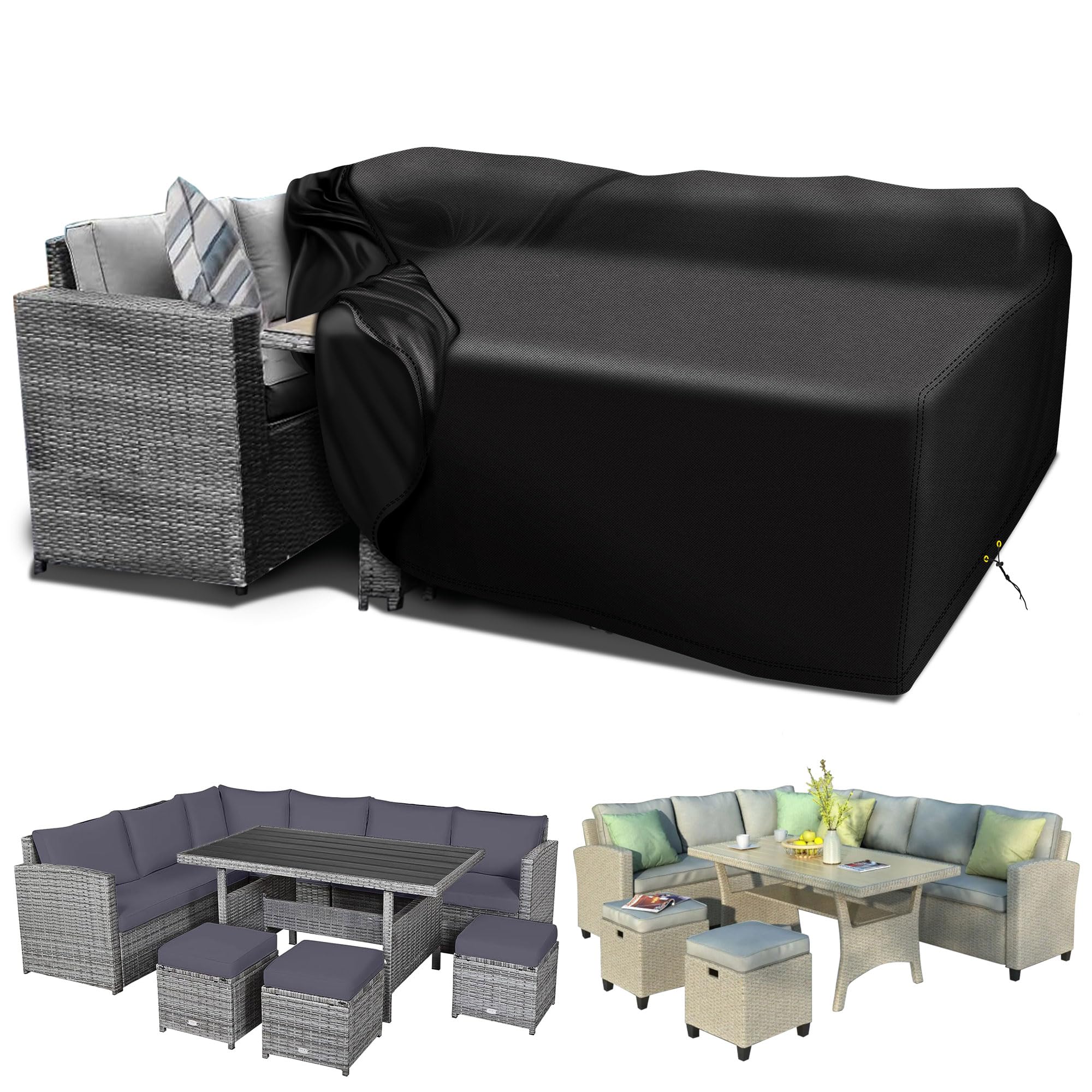 RICHIE Housse de meubles de jardin imperméable en tissu Oxford 420D, 300 x 300 x 90 cm, pour table de jardin, terrasse, table de terrasse, imperméable, anti-UV, en rotin