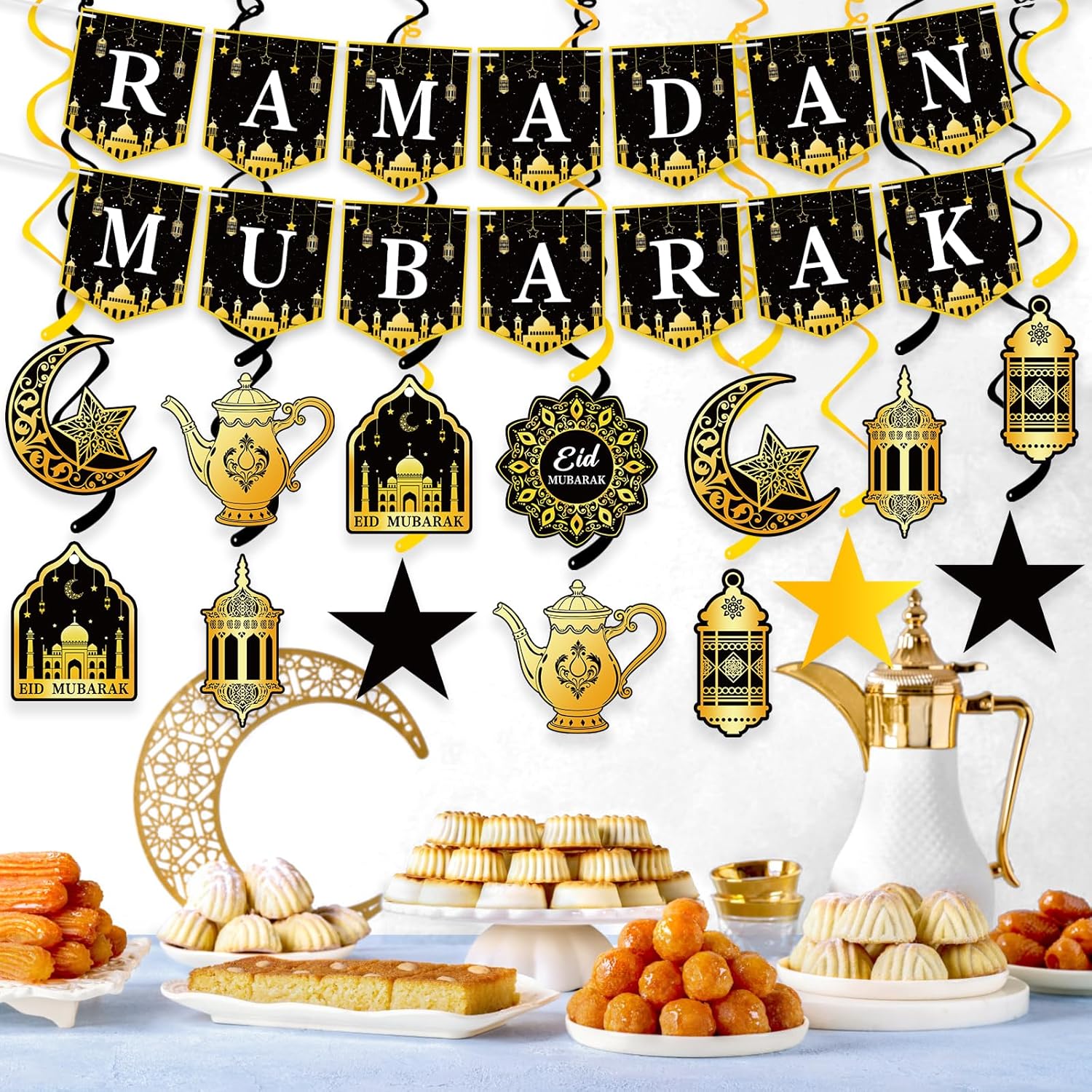34Pcs Ramadan Decorations - Ramadan Decorations for Home Pre-Assembled Mubarak Eid Kareem Muslim Banner Star Moon Lantern Hanging Swirls Decorations for Home Fireplace Indoor Party Supplies - Image 4