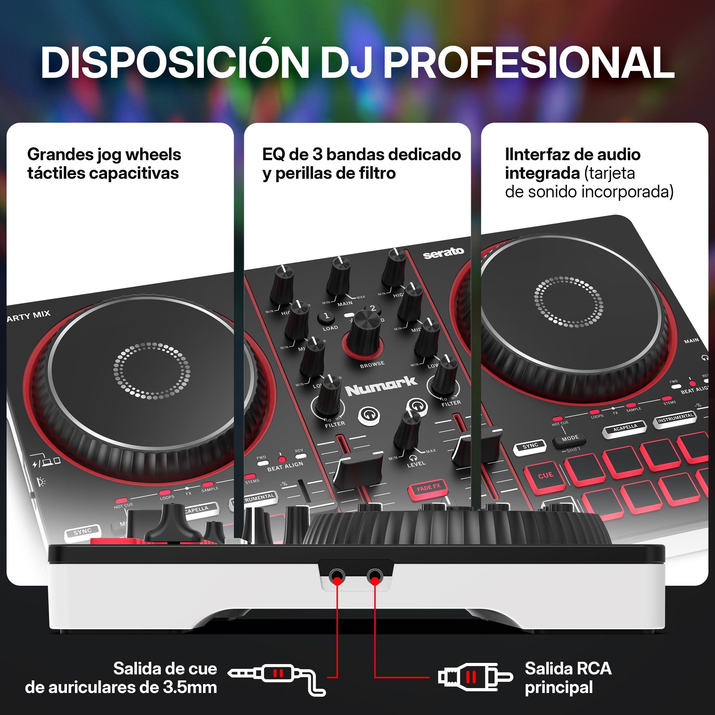 Numark Party Mix III Controlador DJ Bluetooth con Luces Integradas | Beat Assist, Smart Fader, 16 pads, mezclador DJ de 2 decks, control Stems, USB-C, Serato DJ Lite y Algoriddim djay incluidos