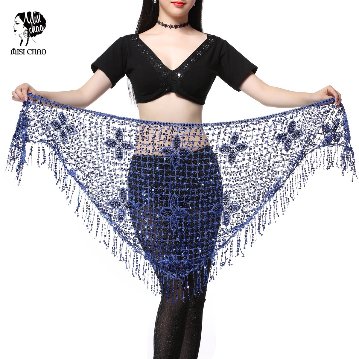 Belly Dance Hip Scarf Triangle Sequin Tassel Beads Belts Waist Scarves 10 Color (Royal Blue)