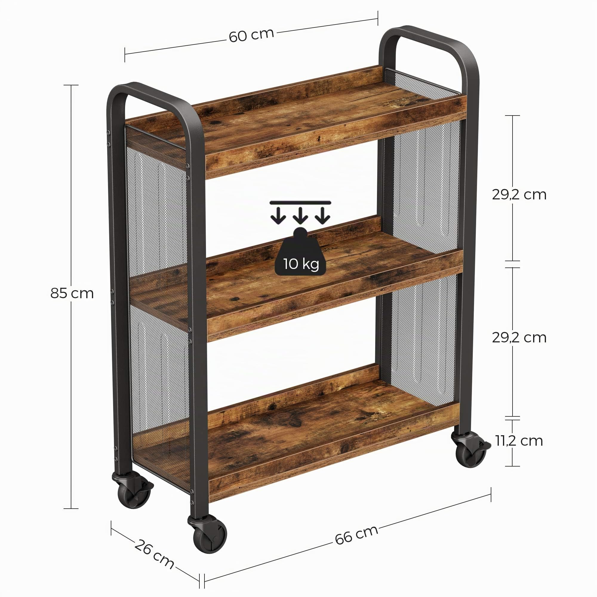VASAGLE Küchenwagen, platzsparender Servierwagen mit Universalrollen, Küchenregal mit verstellbaren Füßen, stabiles Metallgestell, 66 x 26 x 85 cm, Industrie-Design, Vintagebraun-schwarz LRC66BX