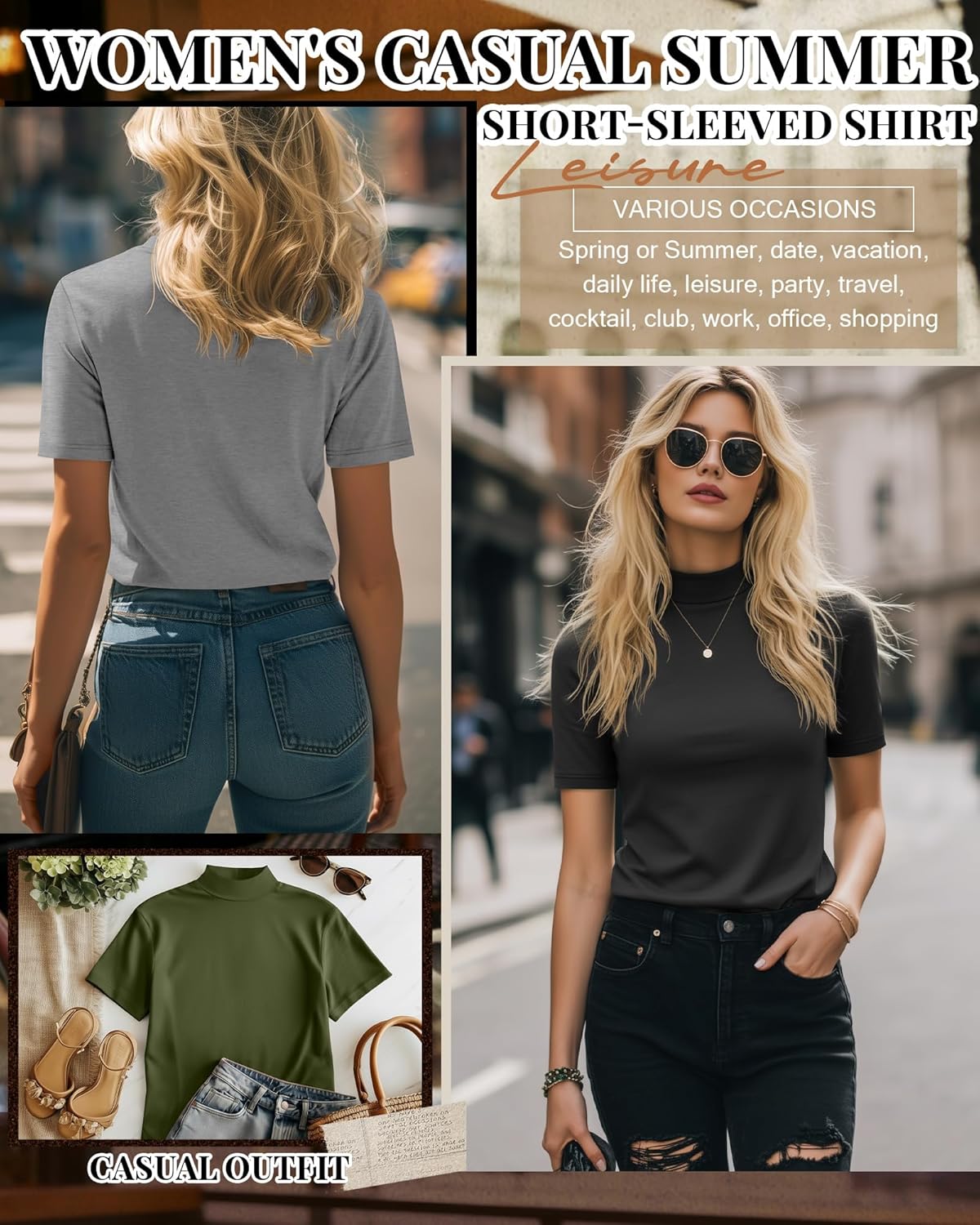 Ficerd 3 Pack Women's Mock Neck Shirts Short Sleeve Turtleneck Tops Slim Fitted Dressy Casual Tees Summer Basic Tshirts 2026 - Image 6