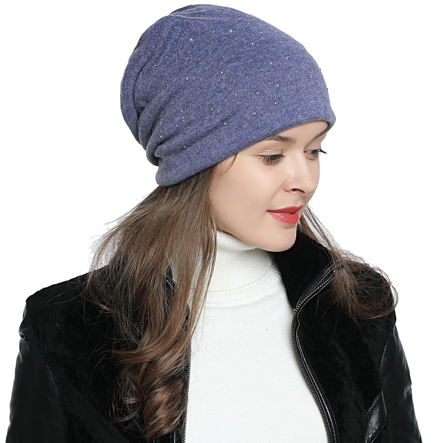 DonDon Women's Slouch Beanie with strass rhinestones and soft inner lining - Blue