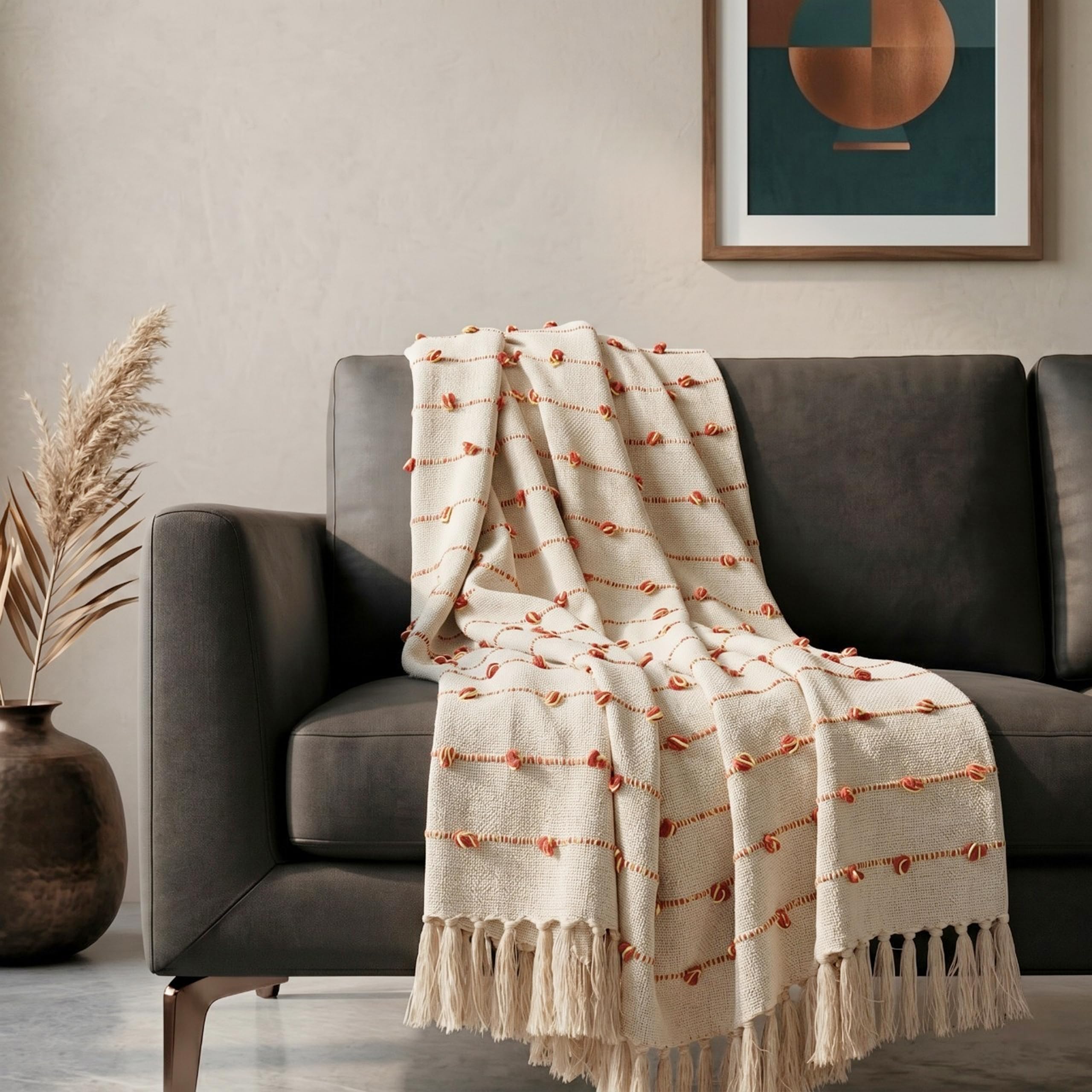 SAJAVAT HOME Hand Knitted Cotton Sofa Throw Blanket for Sofa & Bed | Soft All-Season Knitted Throw for Couch & Chair | 80×52 Inches (204×132 cm) | Beige & Royal Orange Tassels