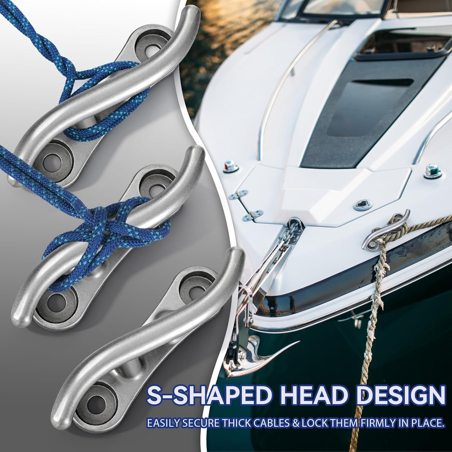 Jenaai Dock Cleats Aluminum S Boat Dock Cleats with Recessed Mounting Holes for Rope, Marine, Decks, Kayak