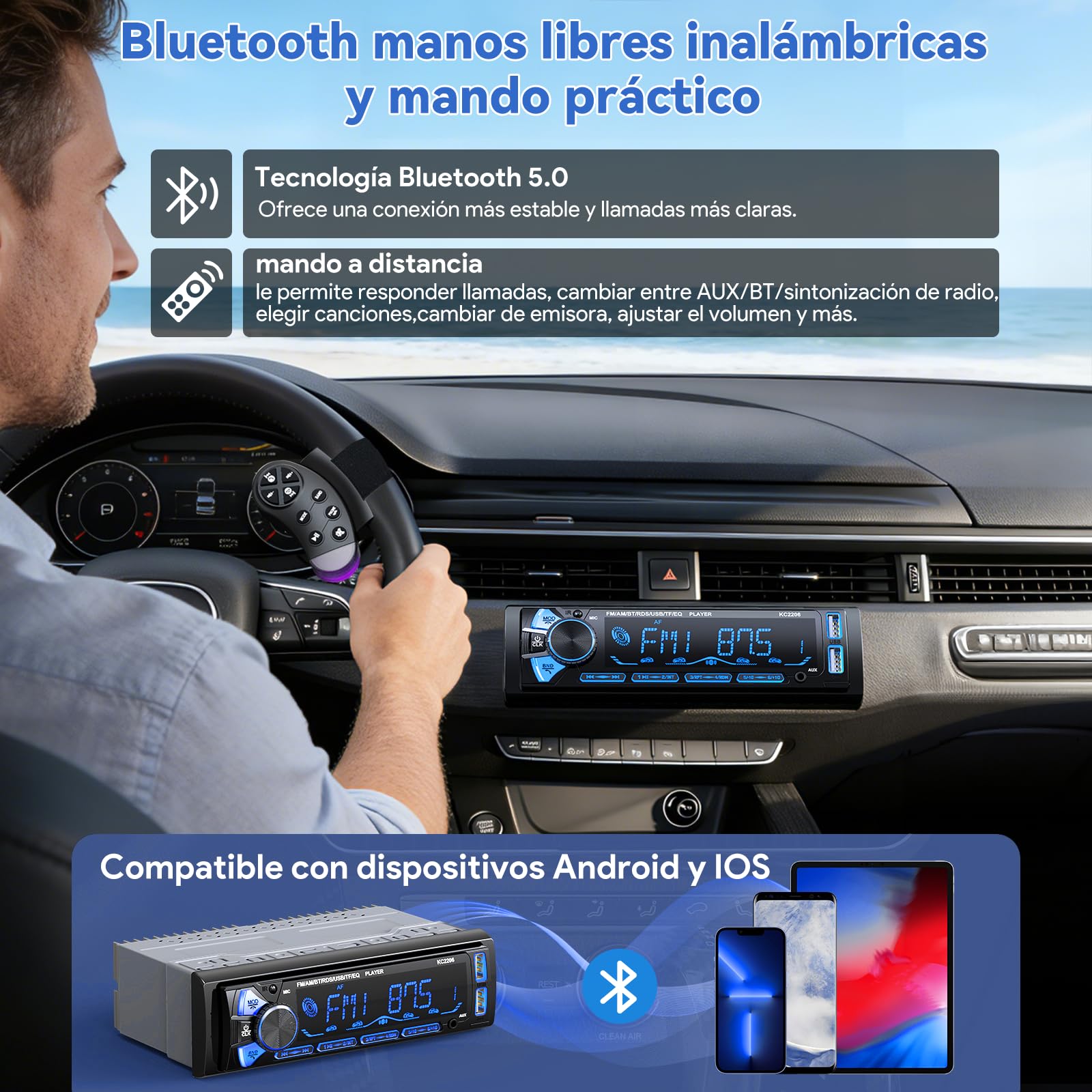 Radio Coche Bluetooth Extraible, Wistrue RDS Autoradio Bluetooth 5.0,FM/Am 1DIN Autoradio Stéreo Soporta MP3/2USB Carga rápida/AUX/SD Compatible con Android y iOS