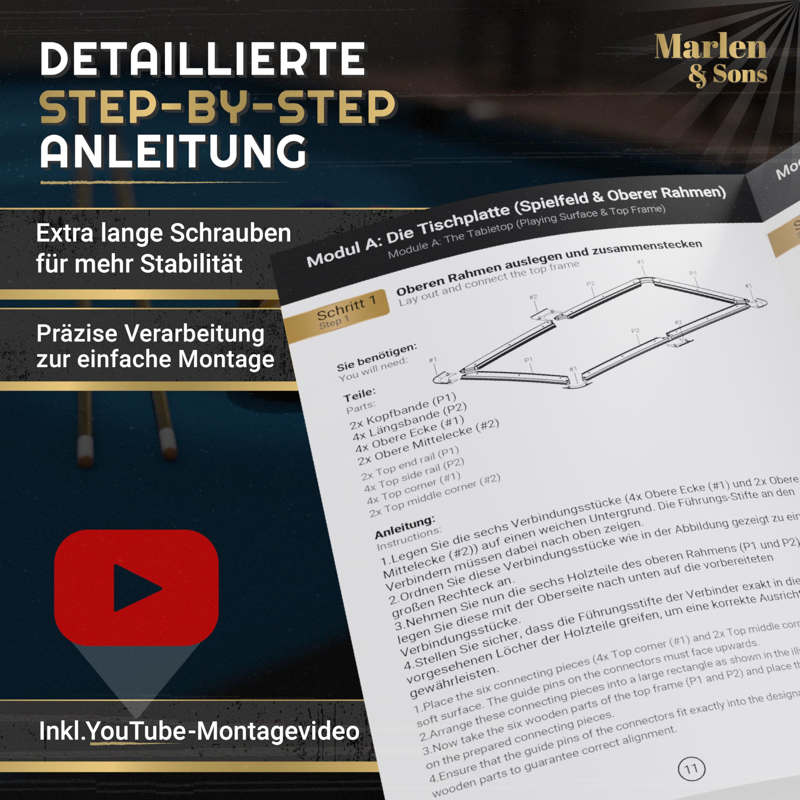 Marlen & Sons Billardtisch - CueMaster 8FT Billiard Tisch mit Auto Kugelrückführung - Billiardtisch 244 x 132 cm inkl. Zubehör-Komplettset