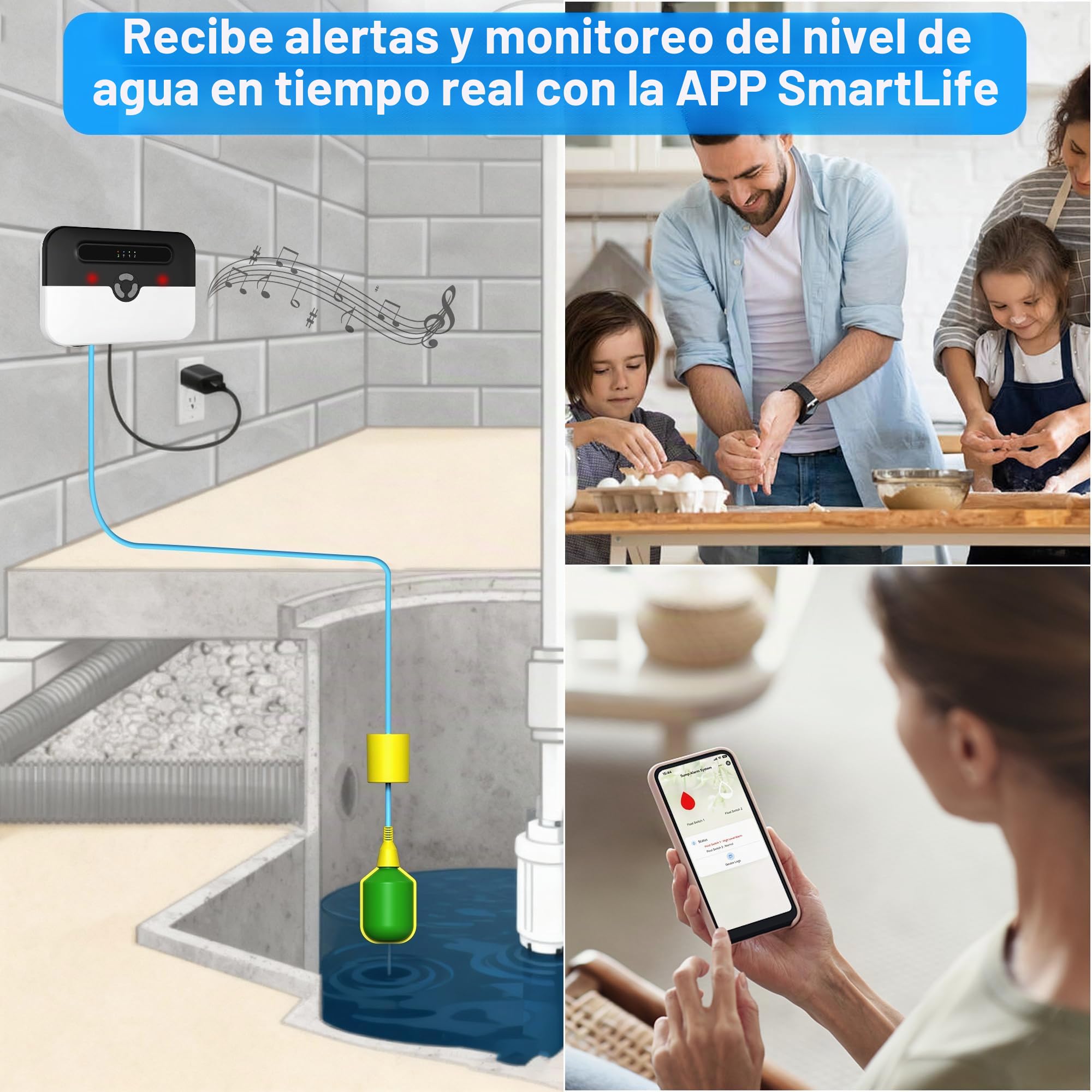 LUCKYDUO Z7PRO Alarma WiFi Bomba Sumergible, Respaldo, Alta/Baja,110dB