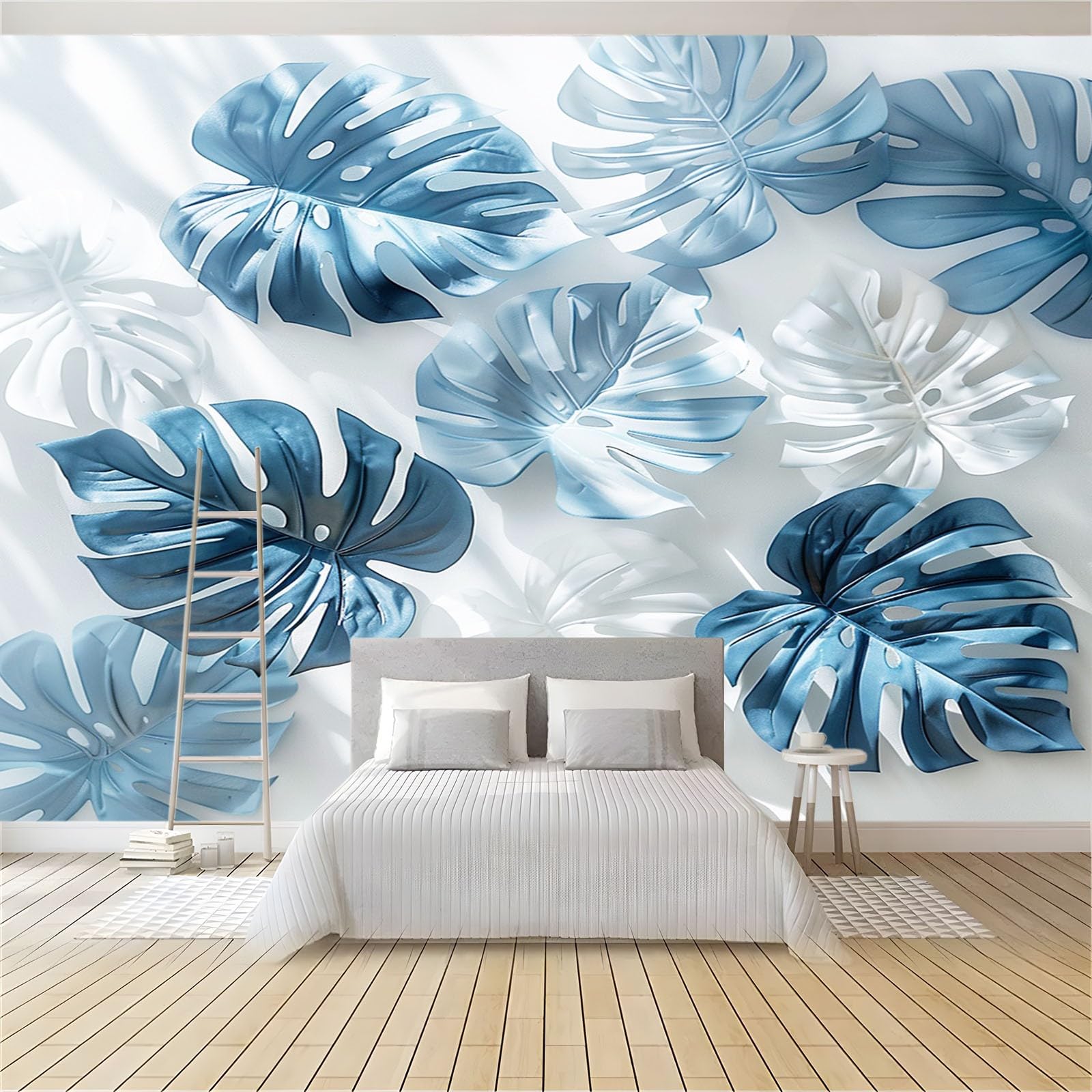 Fototapeta monstera liście niebieskie tapety murale na ściany, dzieci sypialnia przedszkole mural ścienny dekoracja ścienna papier plakat szer. 400 x wys. 280 cm