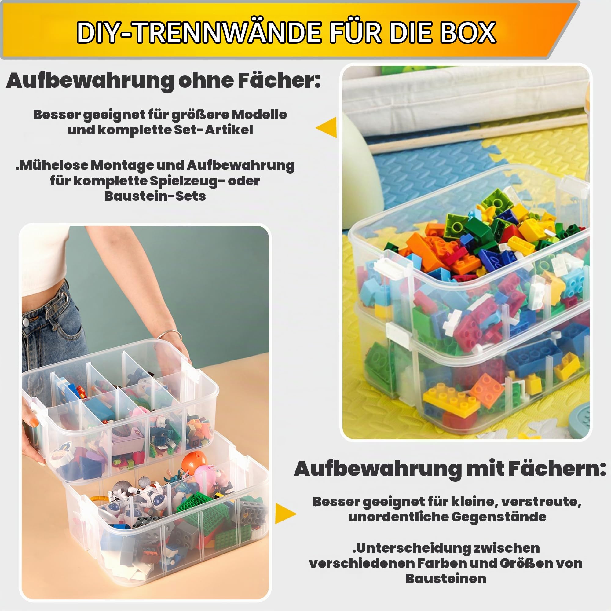 Aufbewahrungsbox für Lego Bausteine Ablagefächer Stapelbar Kisten Spielzeug Aufbewahrung mit Deckel Stapelboxen Kunststoff Sortierboxen Kleinteile Transparent Organizer Box Kinder Spielzeugkiste Spielzeug
