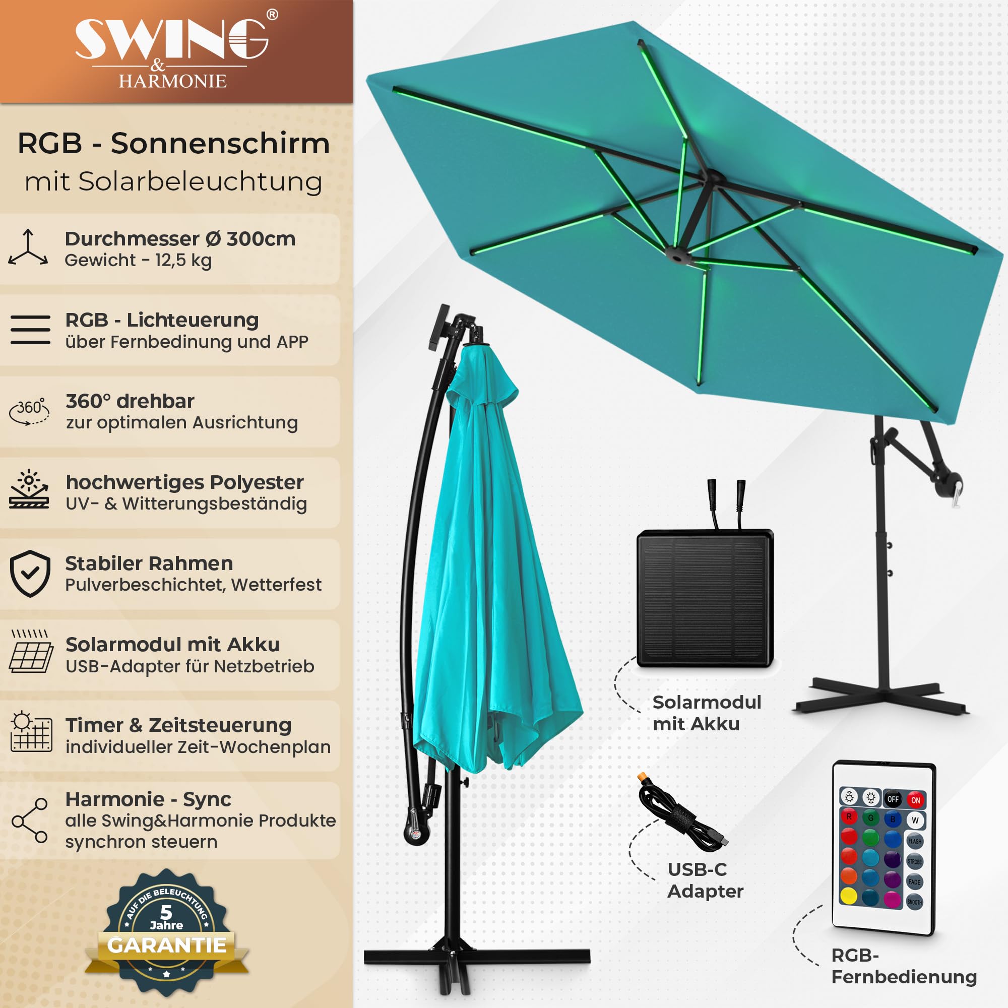 Swing & Harmonie Luxus LED Sonnenschirm mit RGB Beleuchtung inkl. Fernbedienung, APP Steuerung, Ampelschirm, Garten Schirm