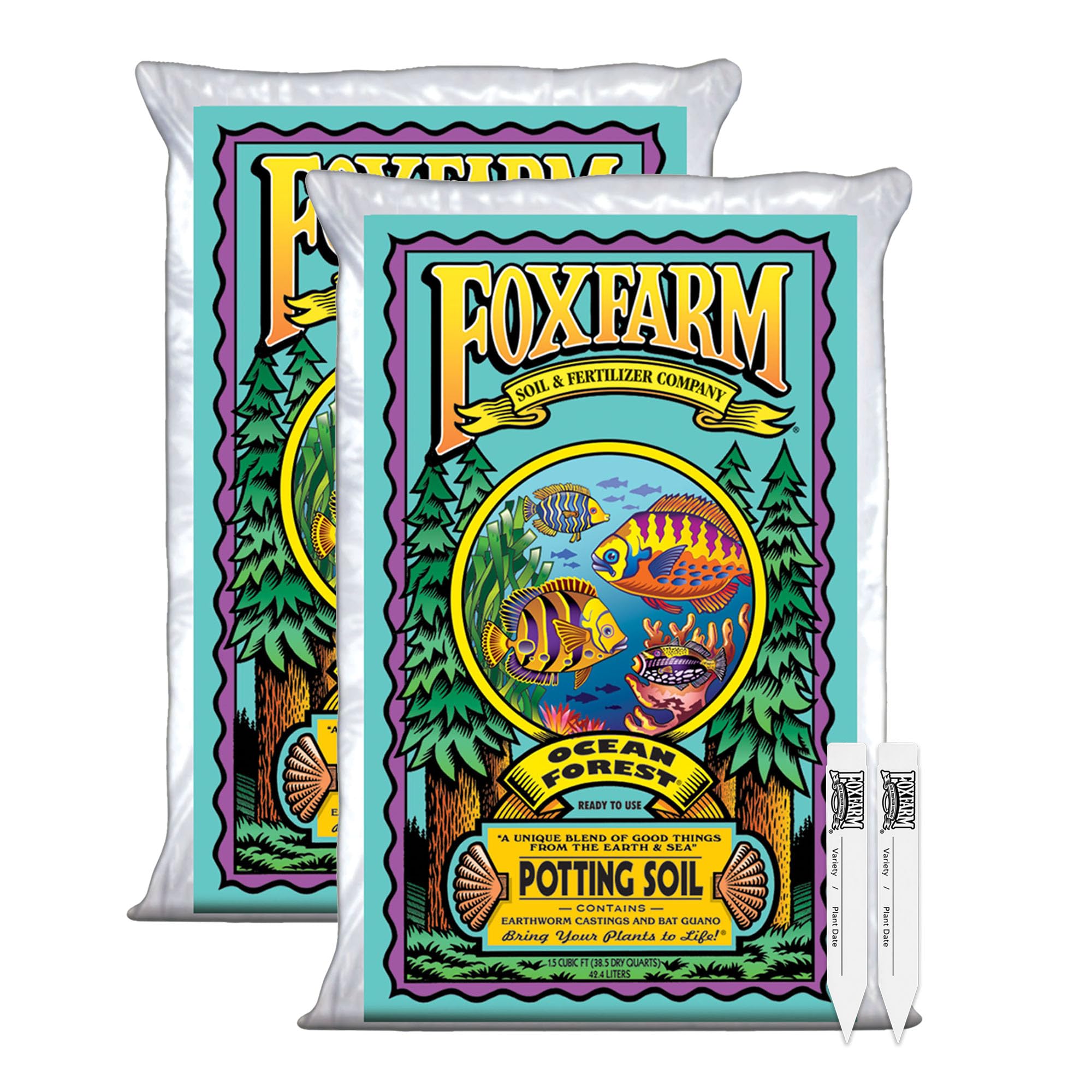FoxFarm Ocean Forest Potting Soil with 2 Plant Tags, 1.5cu ft (2 Pack)