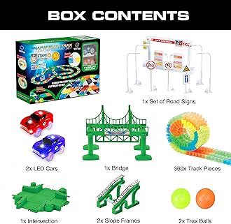 USA Toyz Glow Race Tracks and LED Toy Cars - 360pk Glow in The Dark Bendable Rainbow Race Track Set STEM Building Toys for Boys and Girls with 2 Light Up Toy Cars
