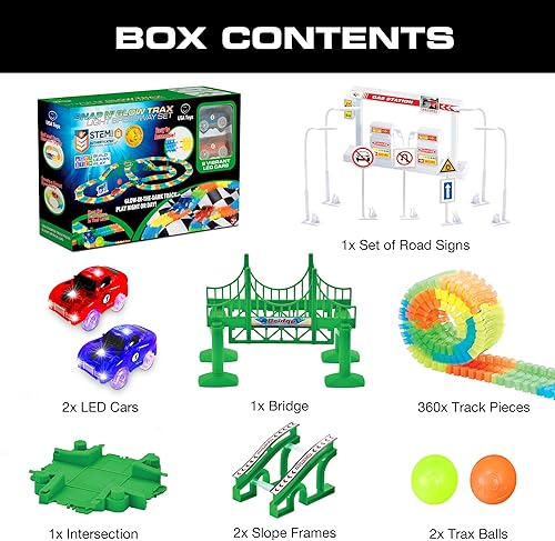 Miniatura 6 de USA Toyz Glow Trax - Pistas de carreras que brillan en la oscuridad para niños, juego de pistas de carreras con 360 unidades de carreteras