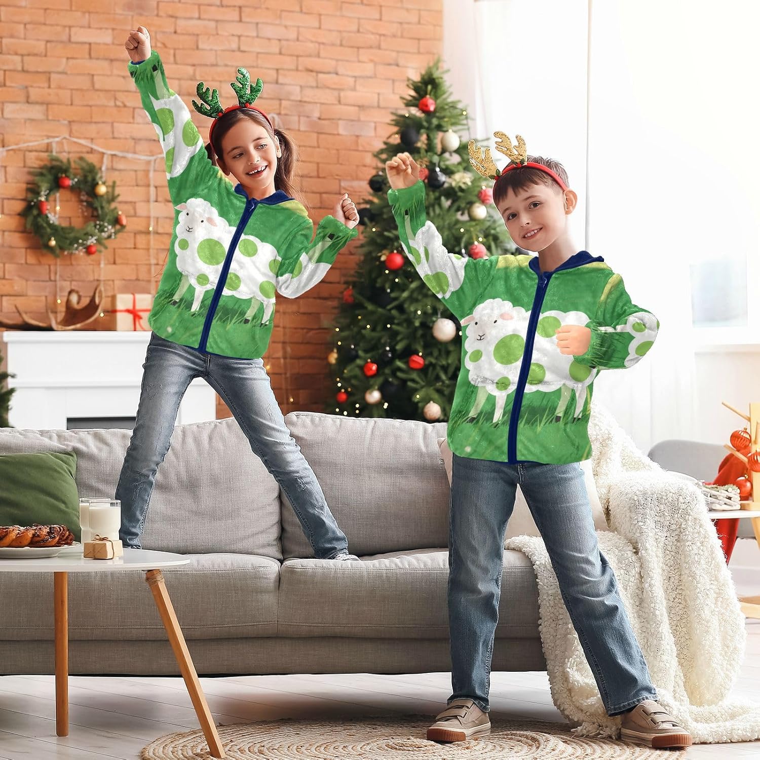 Cartoon Cute Green Dot White Sheep Hooded Fleece Jacket Toddler Outerwear Jackets Navy Blue Baby Zipper Hoodie