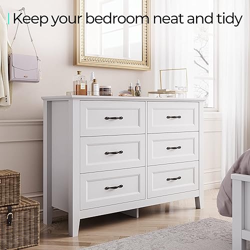 Miniatura 8 de LINSY HOME Cómoda para dormitorio, cómoda de 6 cajones con asas de metal, cómoda para sala de estar, entrada y pasillo, color blanco