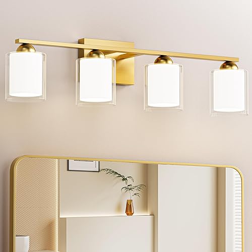 Miniatura 110 de Quntis Lámparas de baño negras de 4 luces con 5 modos de color, lámpara de tocador moderna regulable de 27 pulgadas sobre espejo, lámpara de pared