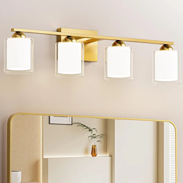 Quntis Gold Bathroom Light Fixtures, 4 Light Modern Vanity Lights Over Mirror, 5 Colors & Stepless Dimmable LED Bathroom Lighting with Milk White Frosted Glass, 27 Inch (Bulbs Included)