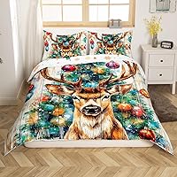 Vista 2 de Juego de funda de edredón con diseño de ciervo de cabaña, tamaño twin, juego de ropa de cama rústica de tablón de madera de árbol de Navidad