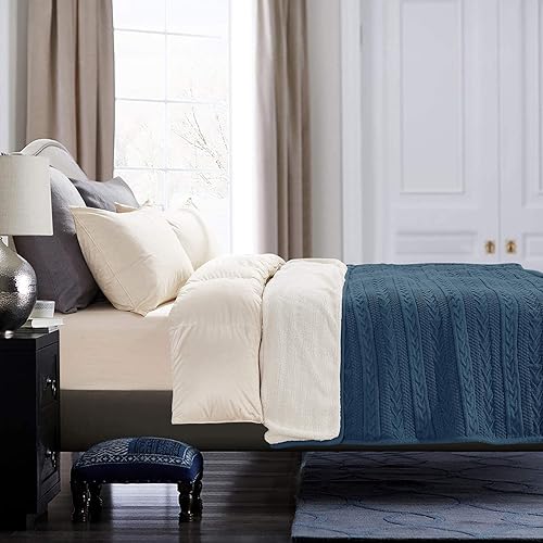 Miniatura 7 de Longhui bedding Manta de punto trenzado acrílico Sherpa  Gruesa, suave, grande, acogedora manta de lana de punto gris azul para sofá, cama, tamaño