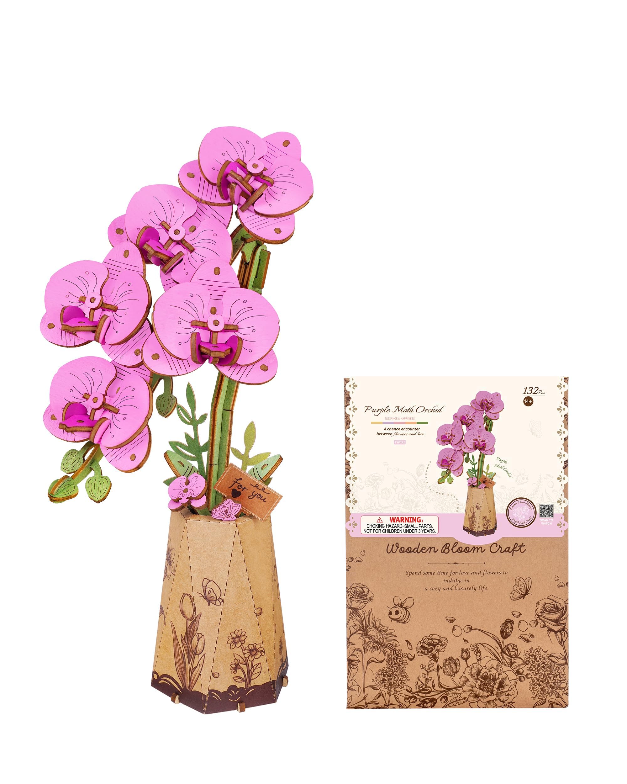 ROBOTIME 3D Puzzle Purple Moth Orchid TW091, DIY Wooden Flower