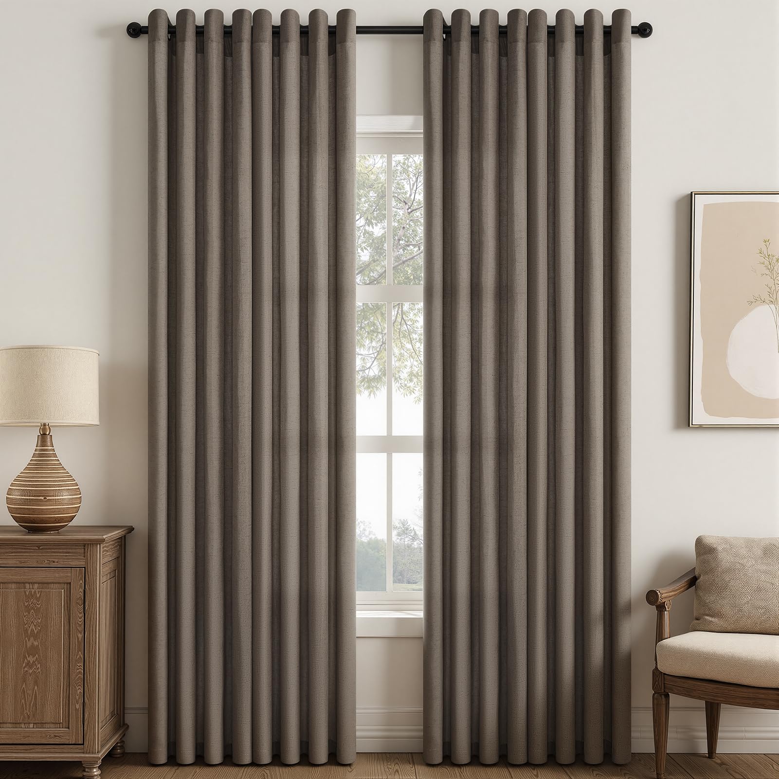Topfinel Dunkles Leinen Gardinen Wohnzimmer Modern, Leinenoptik Vorhang mit Ösen 2er Set H 240 x B 140 cm Voile Halbtransparent Vorhänge Leinen Baumwolle Vorhang mit Schlaufen Curtain Living Room