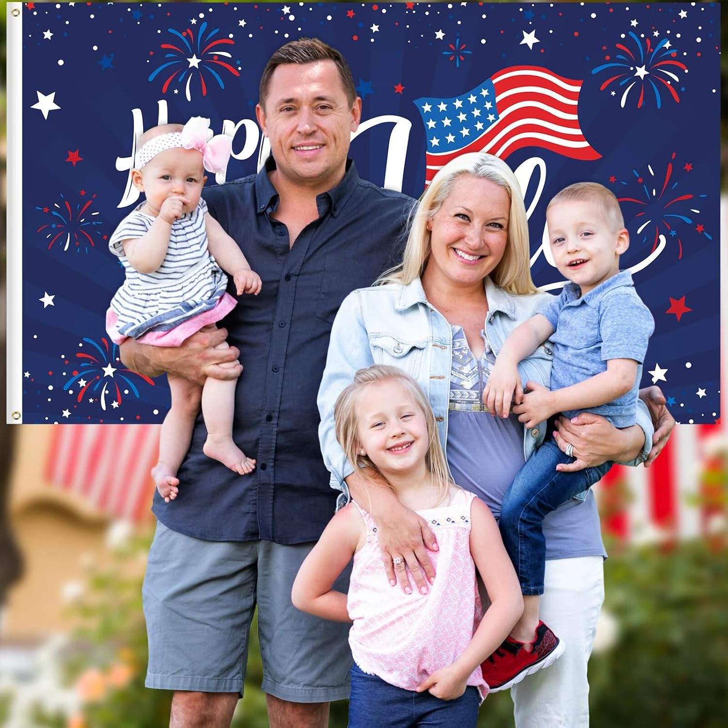 Happy 4th of July Flags 3 x 5 Ft Outdoor Double Sided Independence Day Garden Flag Strips Fireworks Patriotic Flag with Grommets for Memorial Day American Holiday Outside Party Supplies Decor