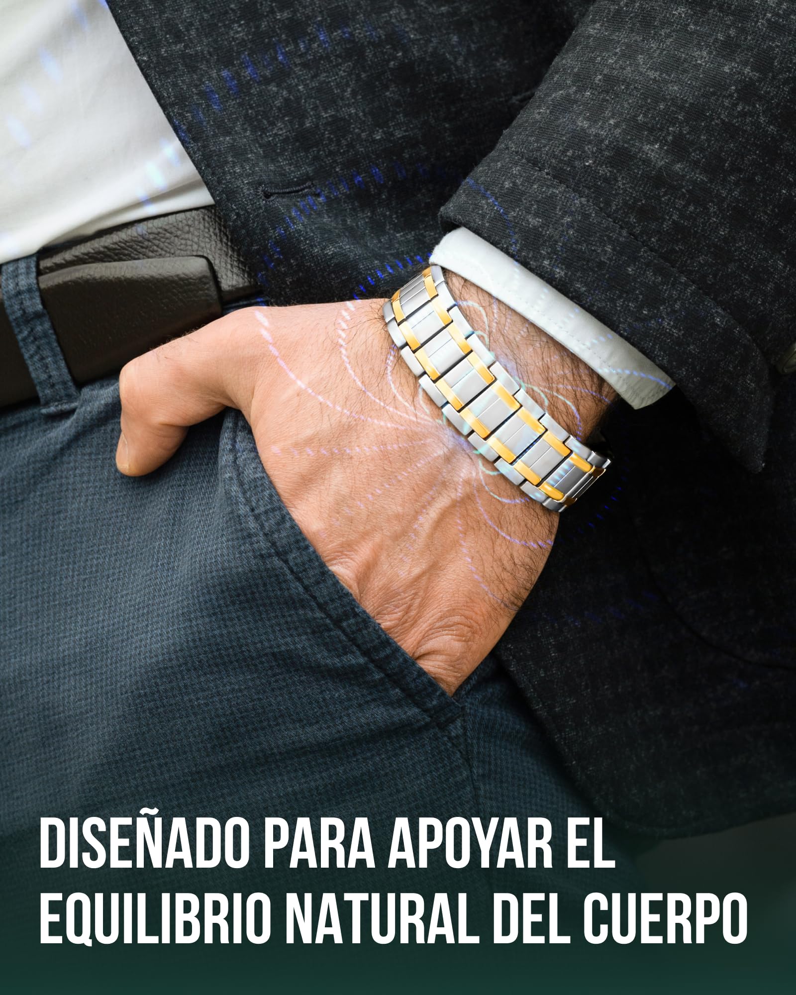 MagnetRX® Pulsera magnética de titanio 3X Fuerza – Pulseras magnéticas para hombre – Cierre plegable premium y longitud ajustable con herramienta de tamaño(Oro plateado)