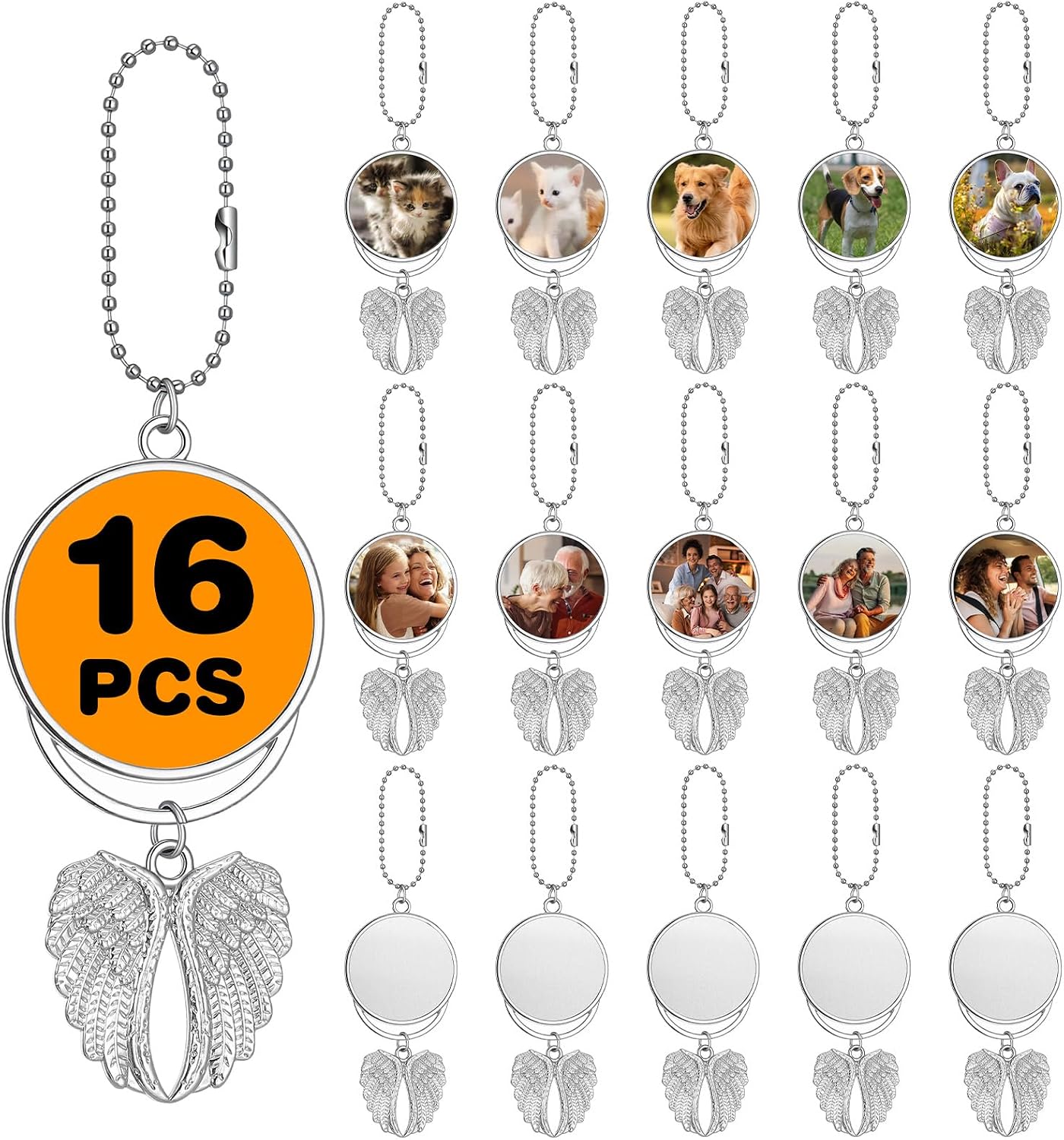 16 Pcs Sublimation Keychain Blanks Double Sided Angel Wings Silver Metal Custom Keychain Bulk for Car Hanging Ornaments DIY Photo Pendants