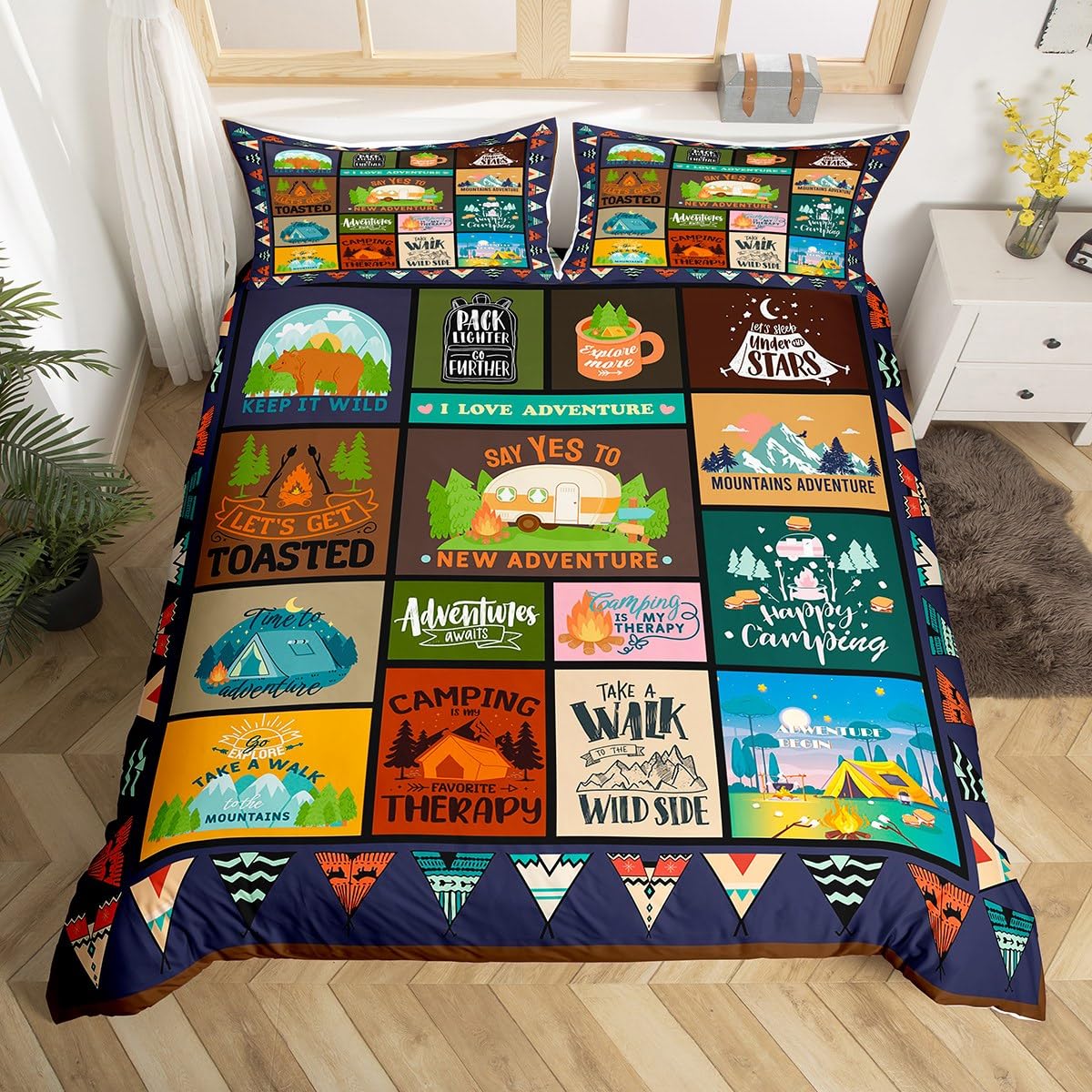 Loussiesd Happy Camping Bedding Set Super King Size Kids Camper Duvet Cover for Boys Teens Cartoon Camping Car Comforter Cover Breathable Farmhouse Trailers Camper Room Decor Quilt Cover โ image 1