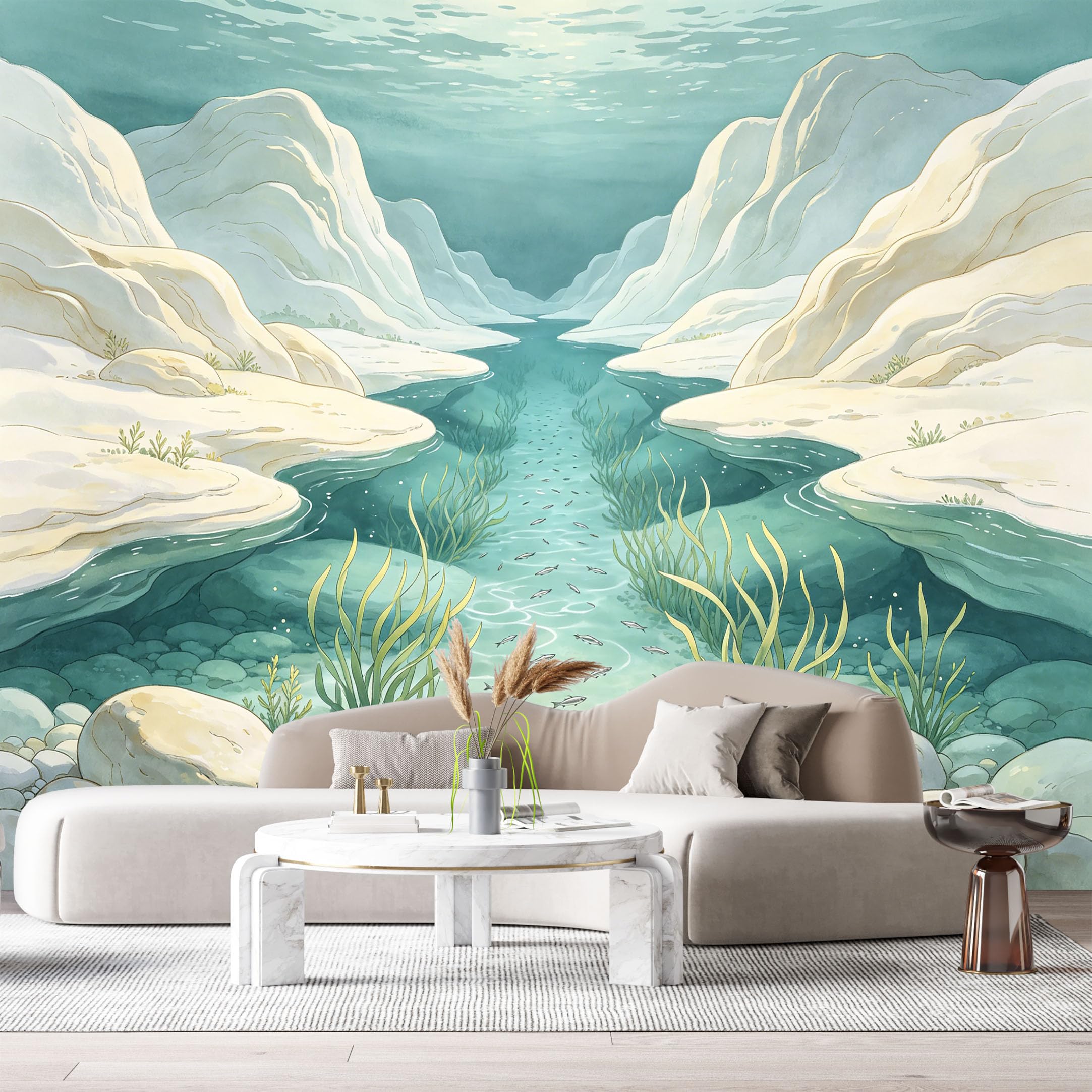 Custom Size Wall Murals Underwater Marine Landscape Watercolor Stones Fish SelfAdhesiveWall Fabric Removable Wallpaper Wall Decor for Living Room Bedroom Bathroom