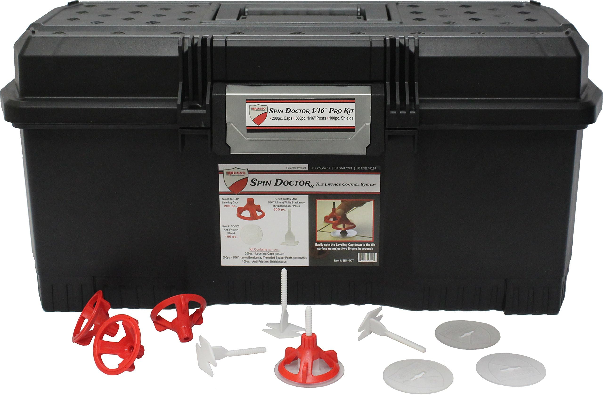 RTC Spin Doctor 800 Piece Floor Tile Kit with 100 Frictionless Clear Shields, 200 Reusable Leveling Caps, 500 Threaded Spacer Posts, and Carrying Case
