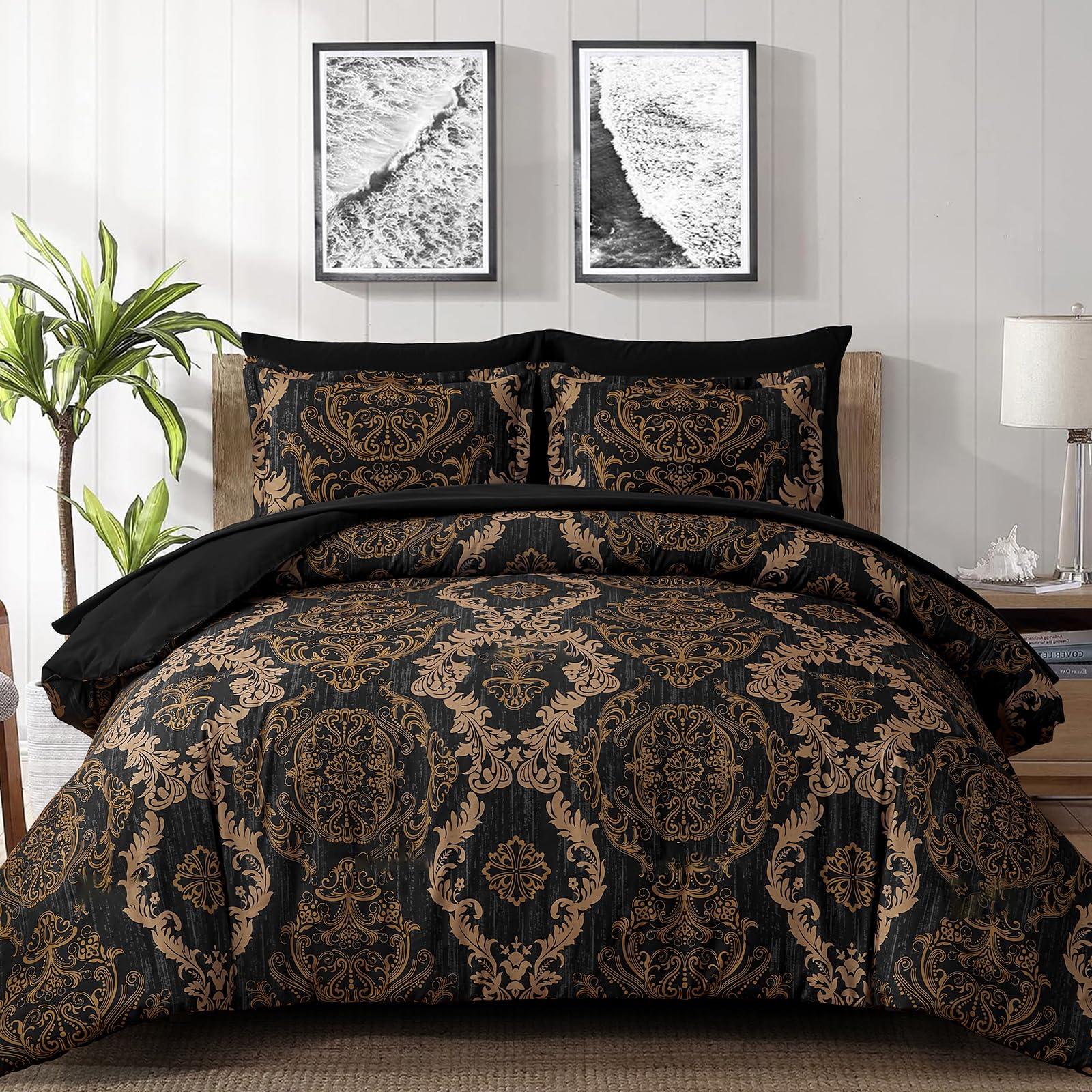 Black Gold Damask Duvet Cover King Size,3 Pieces Soft Microfiber Duvet Cover Bedding Sets for All Season,2 Pillowcases,220x230 cm