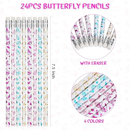 Miniatura 2 de 24 lápices de mariposa personalizados con borradores, bolígrafo de madera novedoso con estampado novedoso, suministros de regreso a clases, para