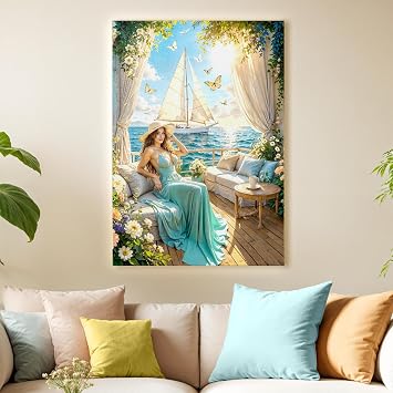 PUREVACY Dreamy Mediterranean Landscape Canvas Wall Art for Living Room. Woman with Sailboat Bedroom Wall Decor. Canvas Print Pictures Size 50x75 cm / 20x30