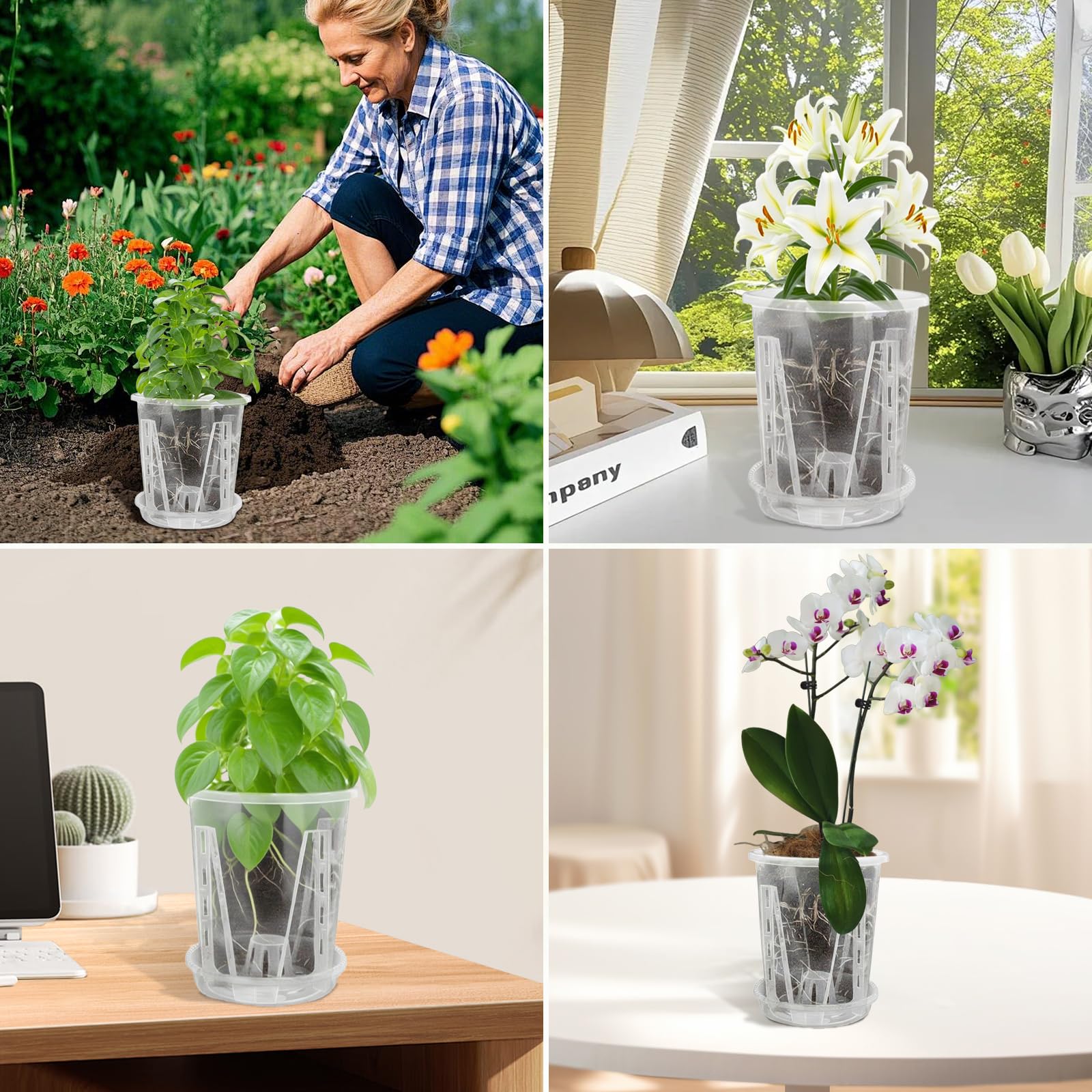 Cable Leader Lot de 3 Pots à orchidées Transparents en Fleur Plastique | pot orchidée avec trous de drainage, perméables à l'air pour plantes et fleurs en intérieur et en extérieur (14 cm + plateau)