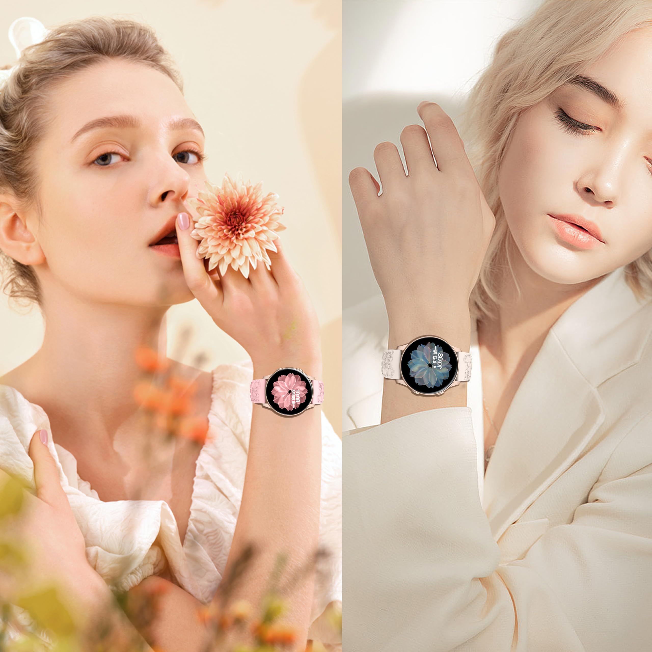 Bracelet de rechange en silicone souple avec gravure florale compatible avec Samsung Galaxy Watch 6/5/4 40 mm, 44 mm, Galaxy Watch 5 Pro 45 mm, Galaxy Active 2, Galaxy Watch 3, 20 mm