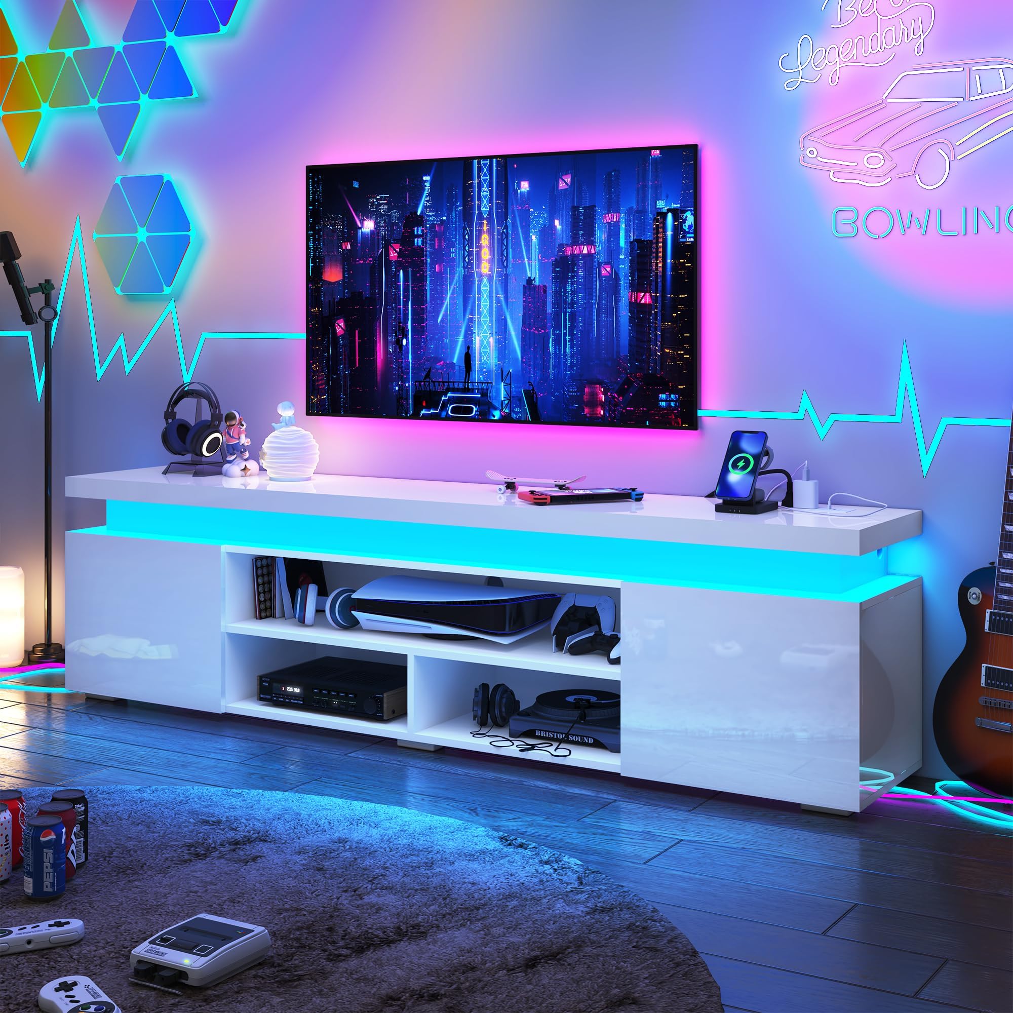 Hlivelood LED TV Stand for 95 Inch TV, Modern TV Stand with Power Outlet, High Gloss TV Console Entertainment Center with Storage and LED Lights for Living Room, Bedroom (83 Inch, White)