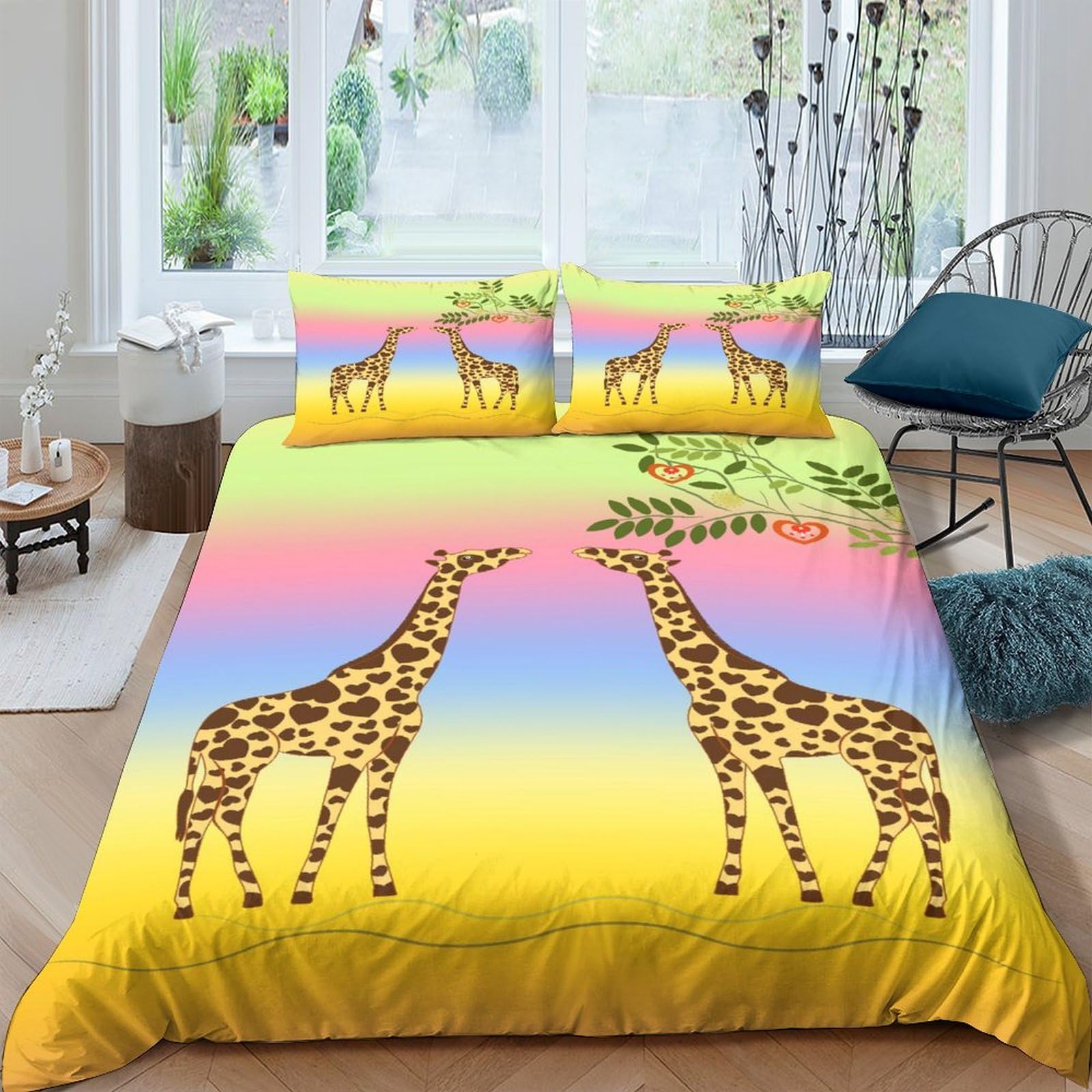GPLZQXKJNH 3D Printed Giraffe Rainbow Duvet Cover Microfiber Soft Breathable Safari Animal Bedding Set with 2 Pillowcases for Bedroom Decor Single（135x200cm）