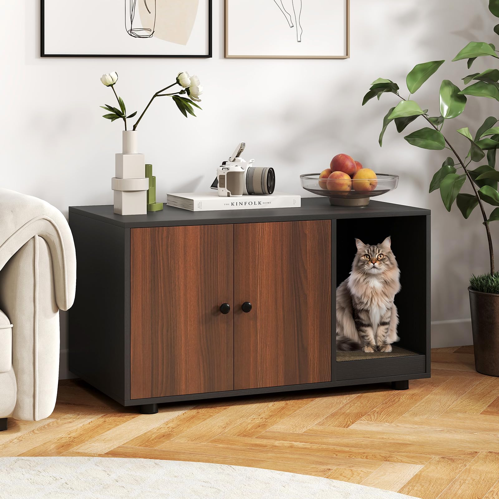 Tangkula Cat Litter Box Enclosure, Hidden Litter Box Furniture with Scratching Board, Double Doors, Modern Indoor Cat House End Table, Wooden Cat Washroom Cabinet (Black+Walnut) - image 3