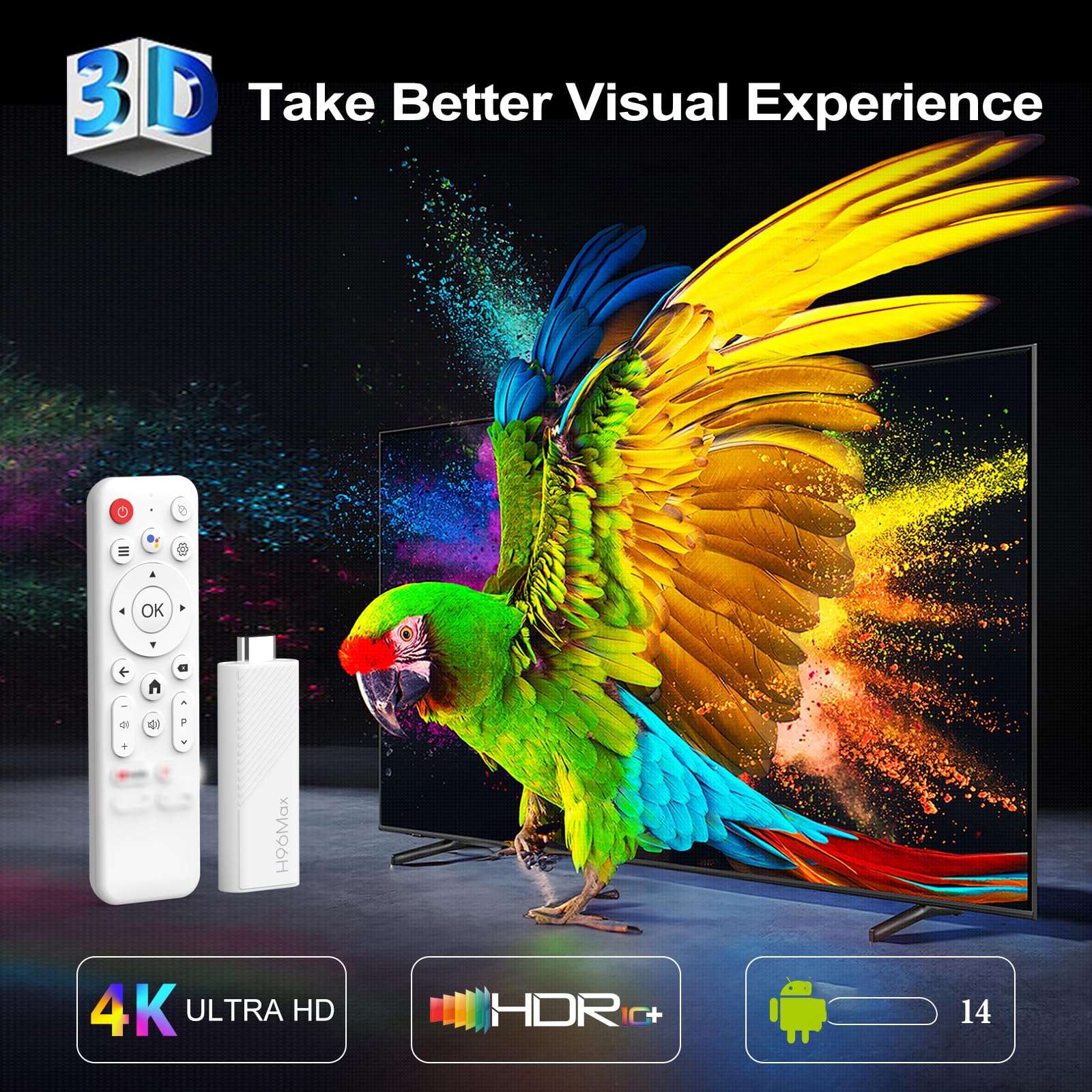 H96 MAX Android 14.0 TV Stick 16GB ATV Quad-Core WiFi6 2.4G/5.8Ghz BT5.0 4K AV1 Ultra HD Lettore di controllo vocale Smart Home