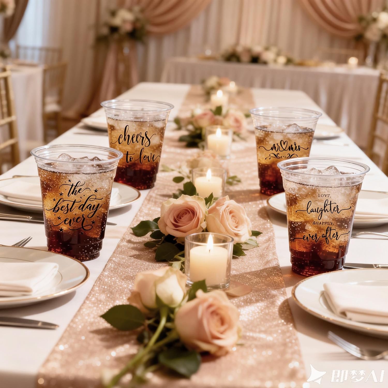 Edussy 200 Pack Disposable Wedding Plastic Cups Decor-4 Pattern 12 oz Mr and Mrs Cups for Wedding Stuff Decorations for Reception Bridal Shower Anniversary Party