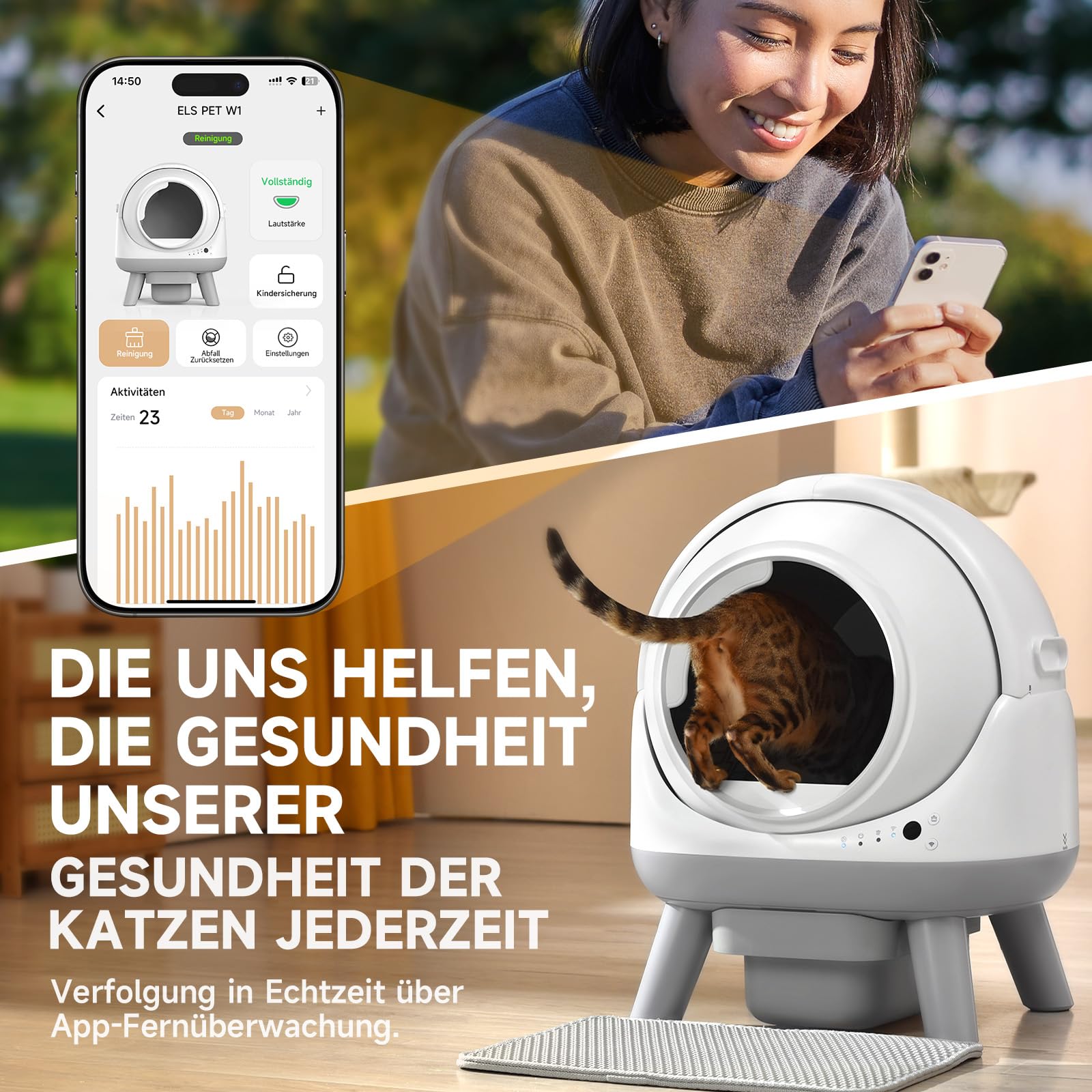 ELS PET Extragroße Selbstreinigende Katzentoilette, Sicherheitsarm, Weiß | App-Steuerung, offenes Design, Sicherheitsarm, 7 Sensoren, Geruchskontrolle, 30 cm Eingang, 18 L Tank, 1,1-8,2 kg, Antihaft