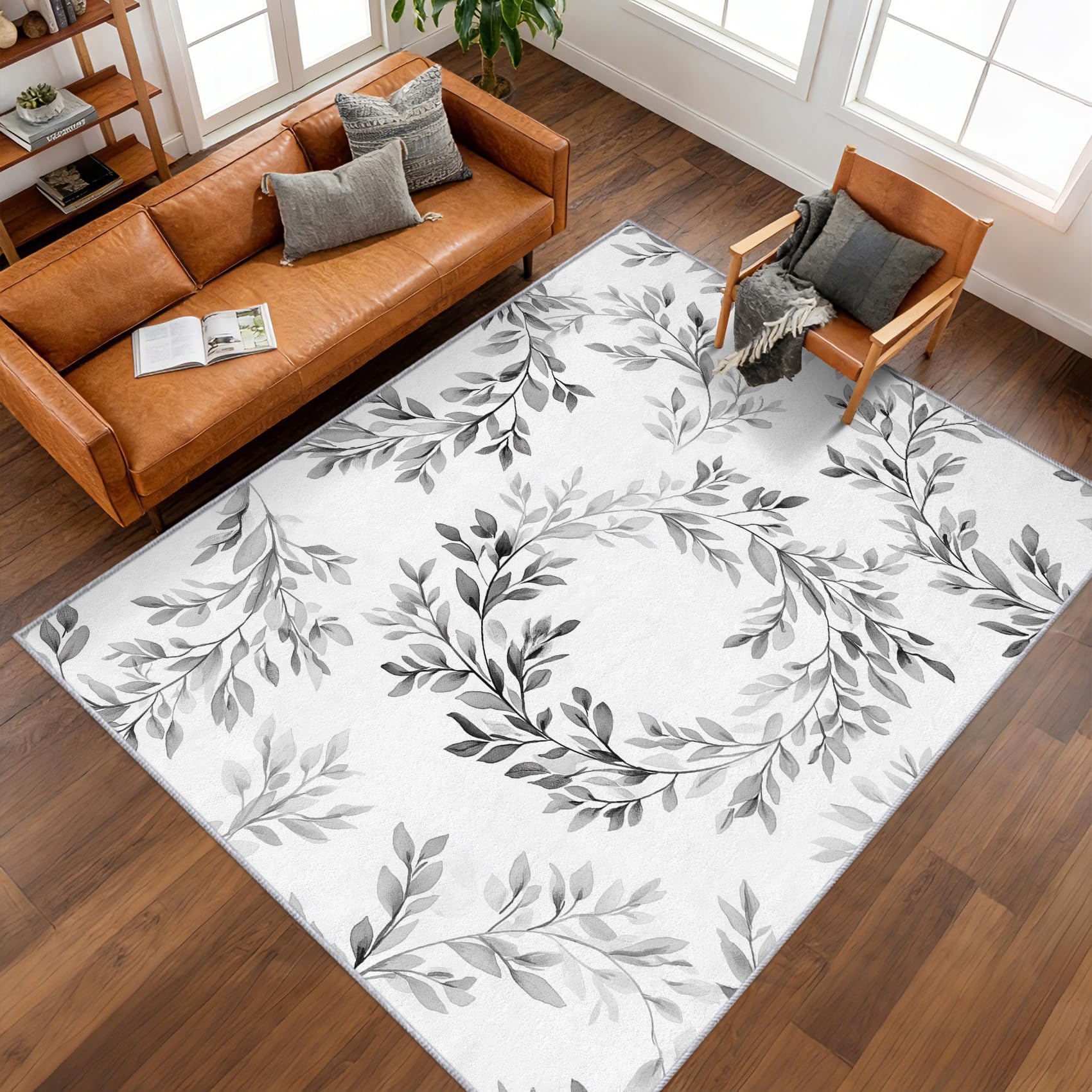Tapis salon feuille botanique pour un nettoyage facile et sécurité antiglisse