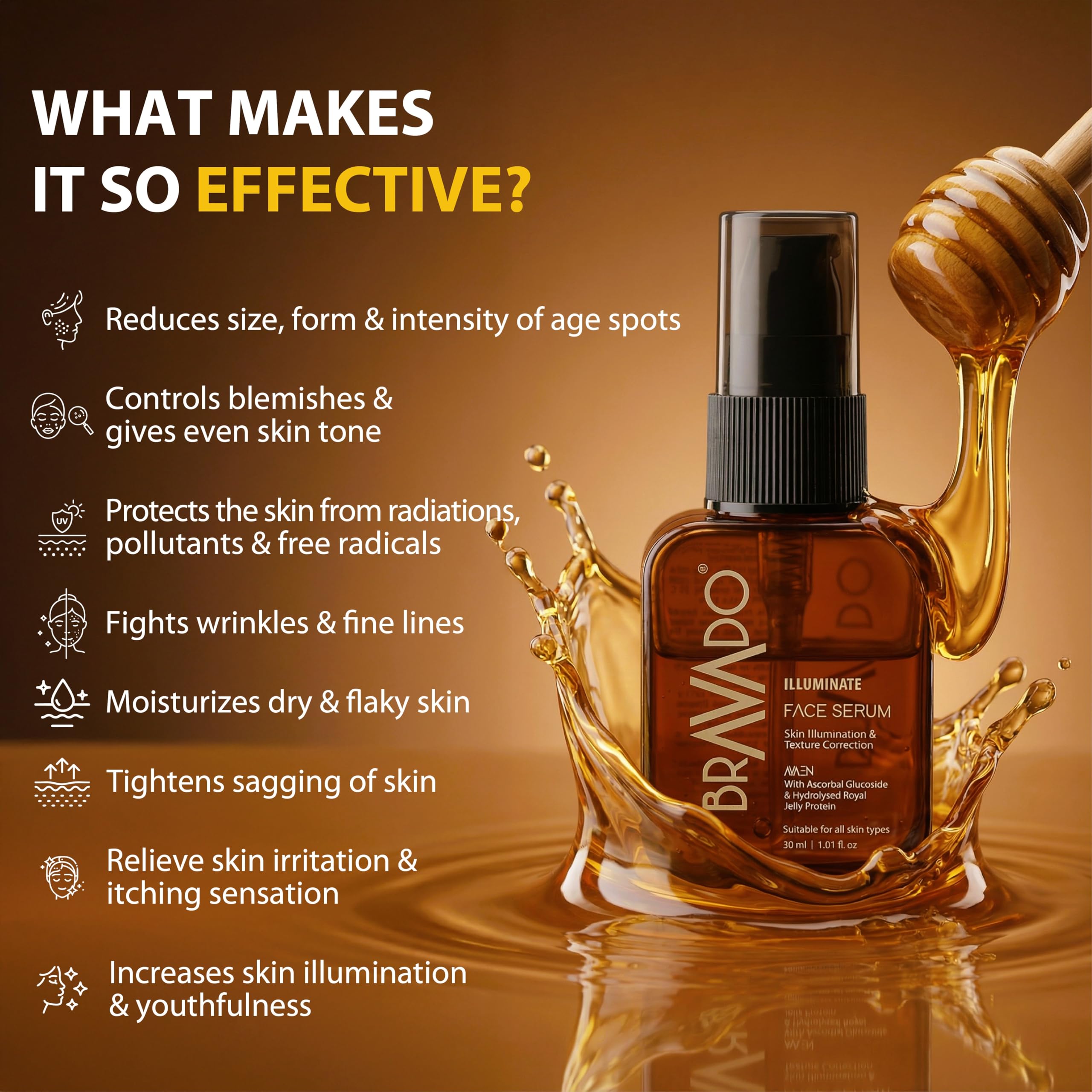 BRAVADO Illuminate Face Serum for Glowing Skin | Brightening & Dark Spot Reduction | With Vitamin C, Oleuropein, Ascorbyl Glucoside & Royal Jelly Protein | Lightweight Daily Serum for Even Tone & Skin Repair | 30ml 2