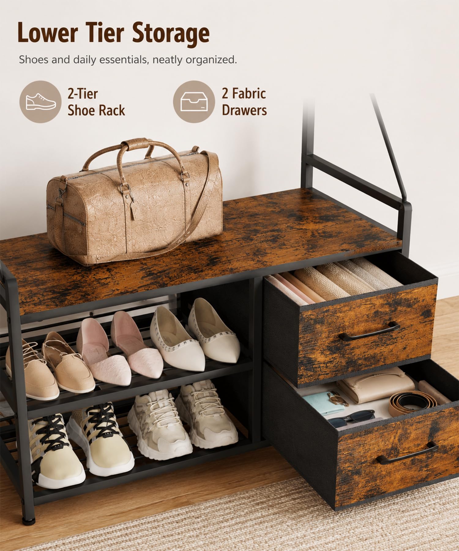 Yorbay Perchero multifuncional con zapatero banco: perchero extraíble para pasillo, marco de metal con cajones, ganchos – Perchero de pared zapatero para pasillo, salón, entradas