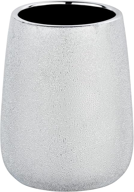 WENKO Glimma Silver Ceramic Tumbler - Toothbrush Holder for Toothbrush and Toothpaste, Ceramic, 8.5 x 10.5 x 8.5 cm, Silver